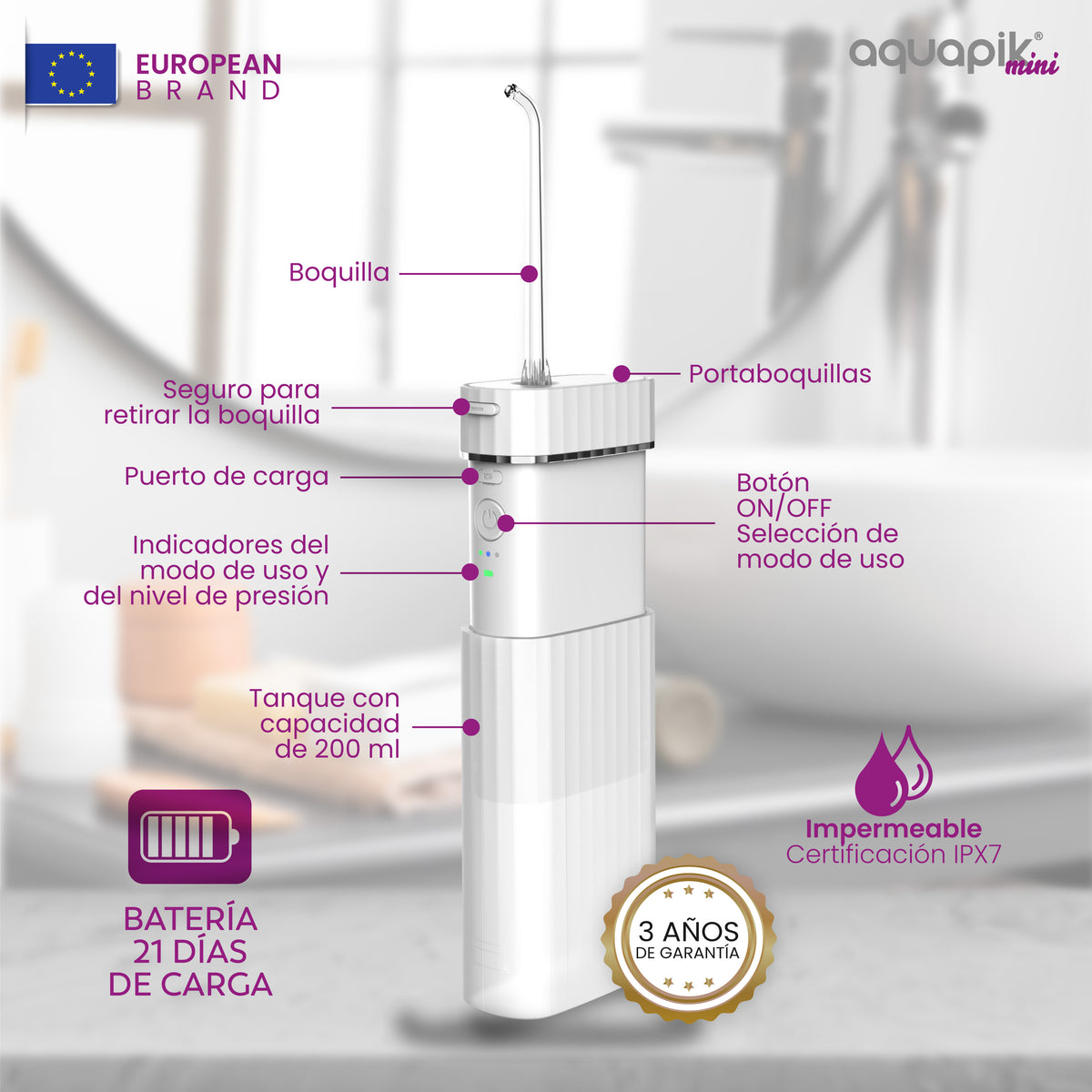 Irrigador dental mini Aquapik® Mini · portátil y de viaje