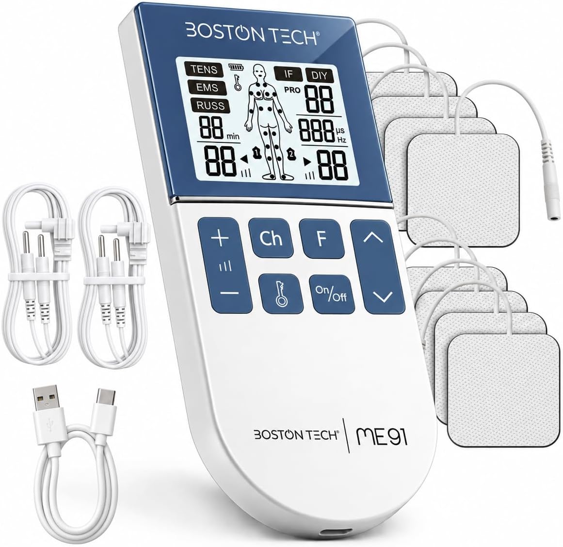 Electroestimulador TENS EMS 5 en 1 recargable Boston Tech · 80 programas y 8 electrodos