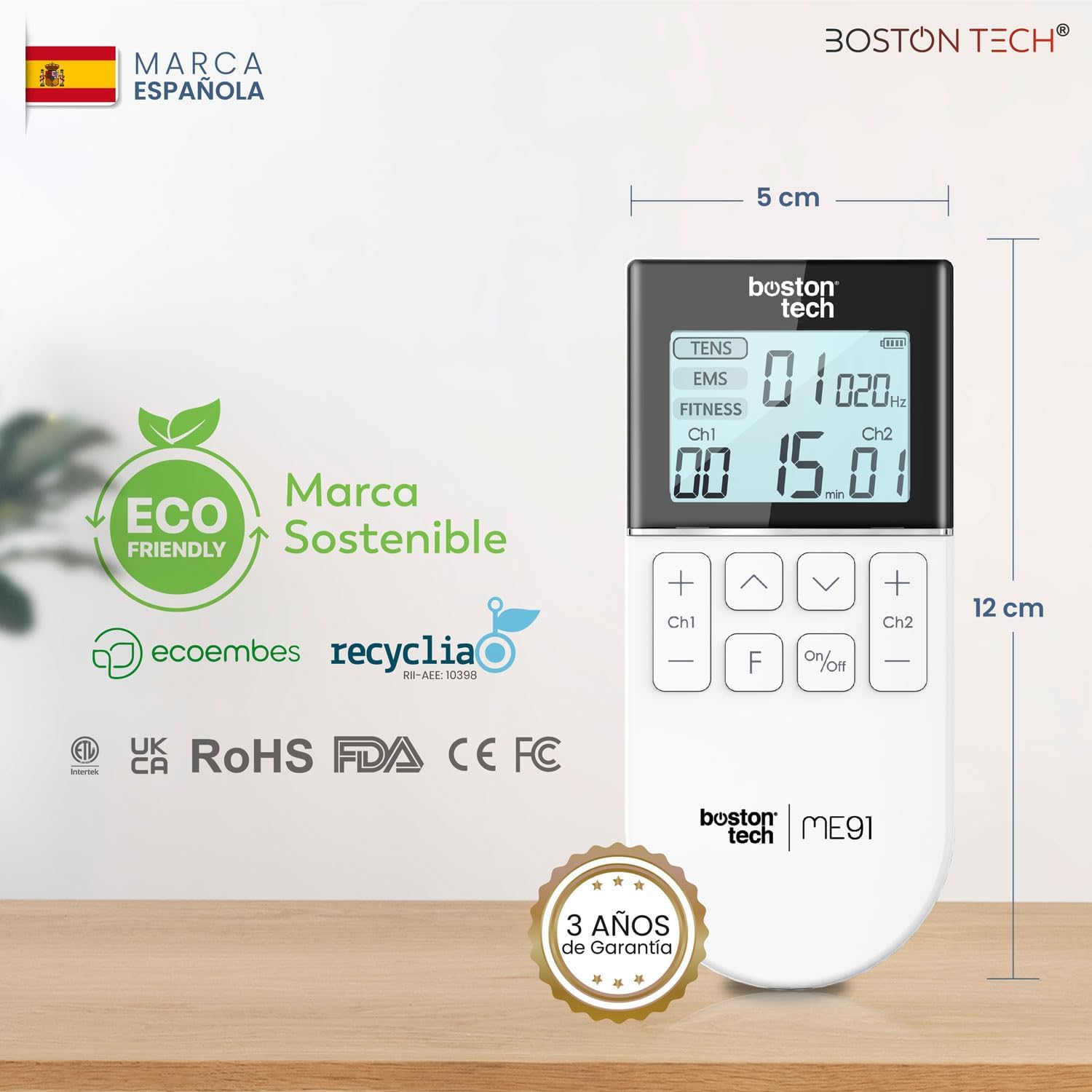 Electroestimulador Muscular TENS/EMS/FITNESS 3 en 1 | Boston Tech® ME91 | 50 Programas, 16 Intensidades, 2 Canales | Alivio del Dolor, Rehabilitación y Magnetoterapia + 4 Electrodos Reutilizables