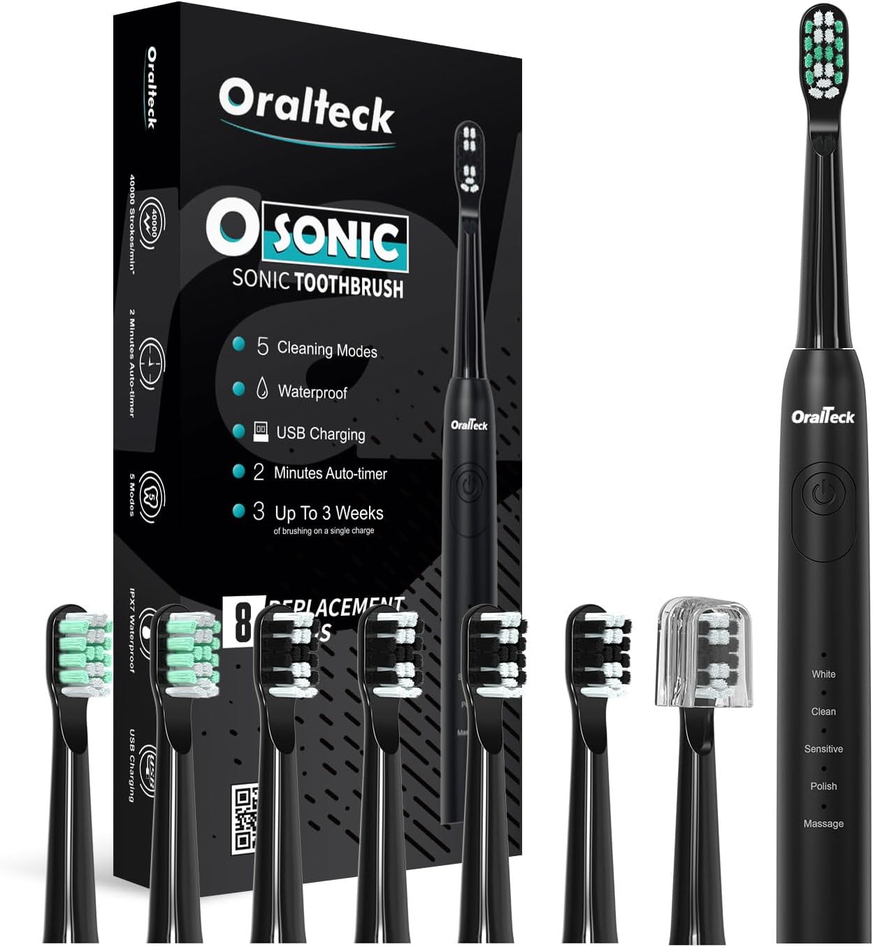 OSONIC Cepillo de Dientes Eléctrico Sónico. Incluye: 8 Cabezales. 5 Modos de Uso. Blanqueamiento en 2 semanas. Temporizador de 2 min. IPX8, Apto para Adultos y Niños. Batería de carga USB. (Negro)