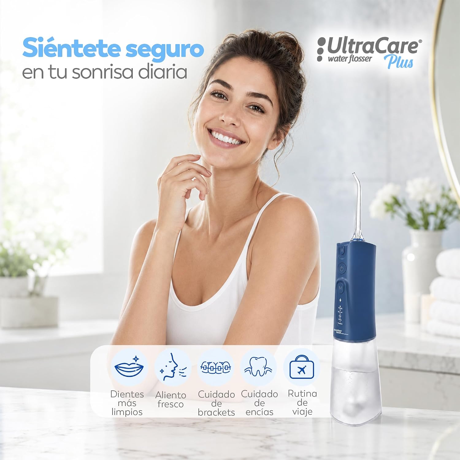 Aquapik® UltraCare Plus Irrigador Dental Inalámbrico y Recargable Irrigador Bucal a presión de agua Impermeable IPX8 Hogar y Viajes Elimina Placa Cuida Encías 5 Modos 8 Boquillas 300ml (Azul)