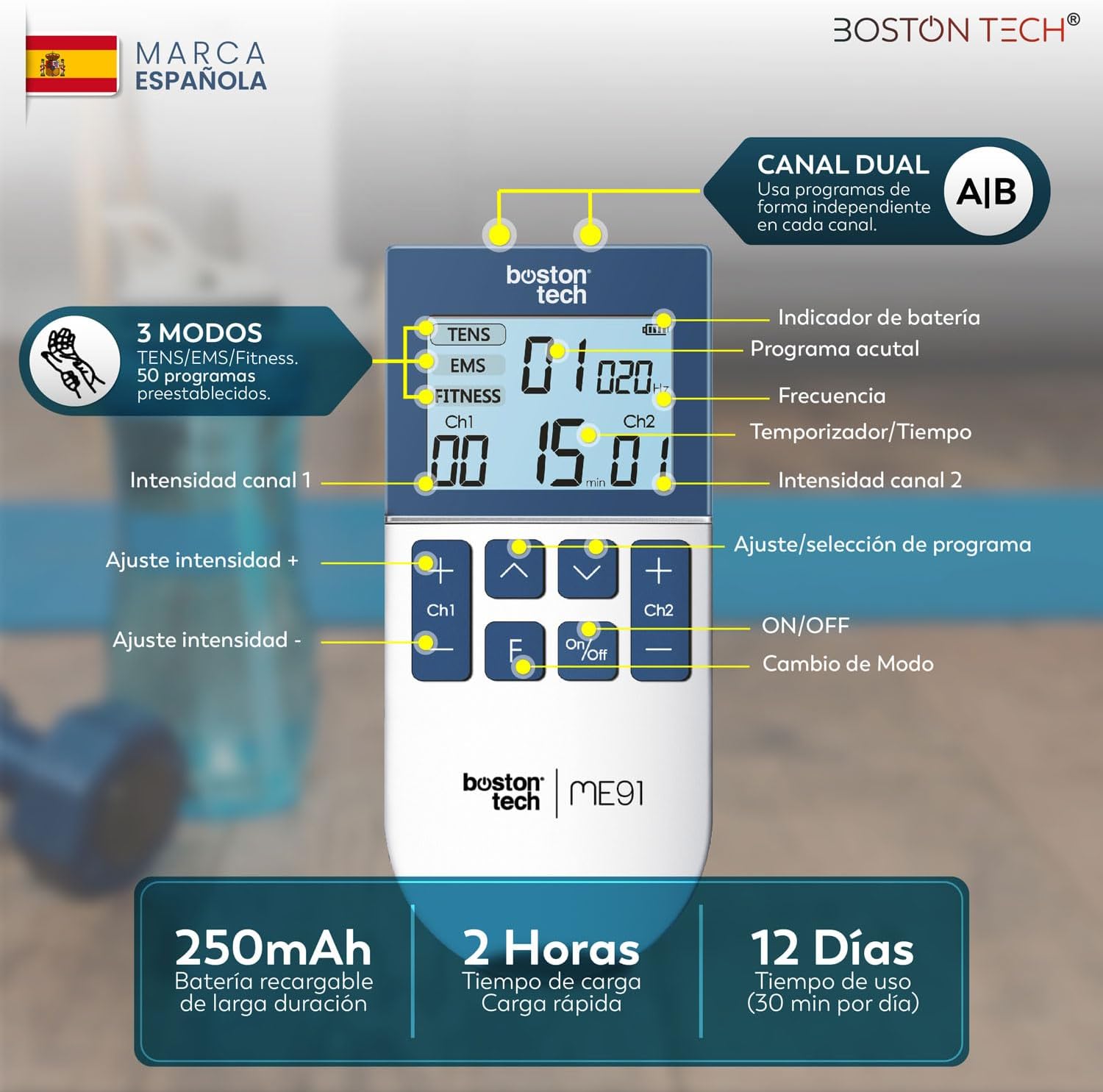 Electroestimulador Muscular TENS/EMS/FITNESS 3 en 1 | Boston Tech® ME91 | 50 Programas, 16 Intensidades, 2 Canales | Alivio del Dolor, Rehabilitación y Magnetoterapia + 4 Electrodos Reutilizables