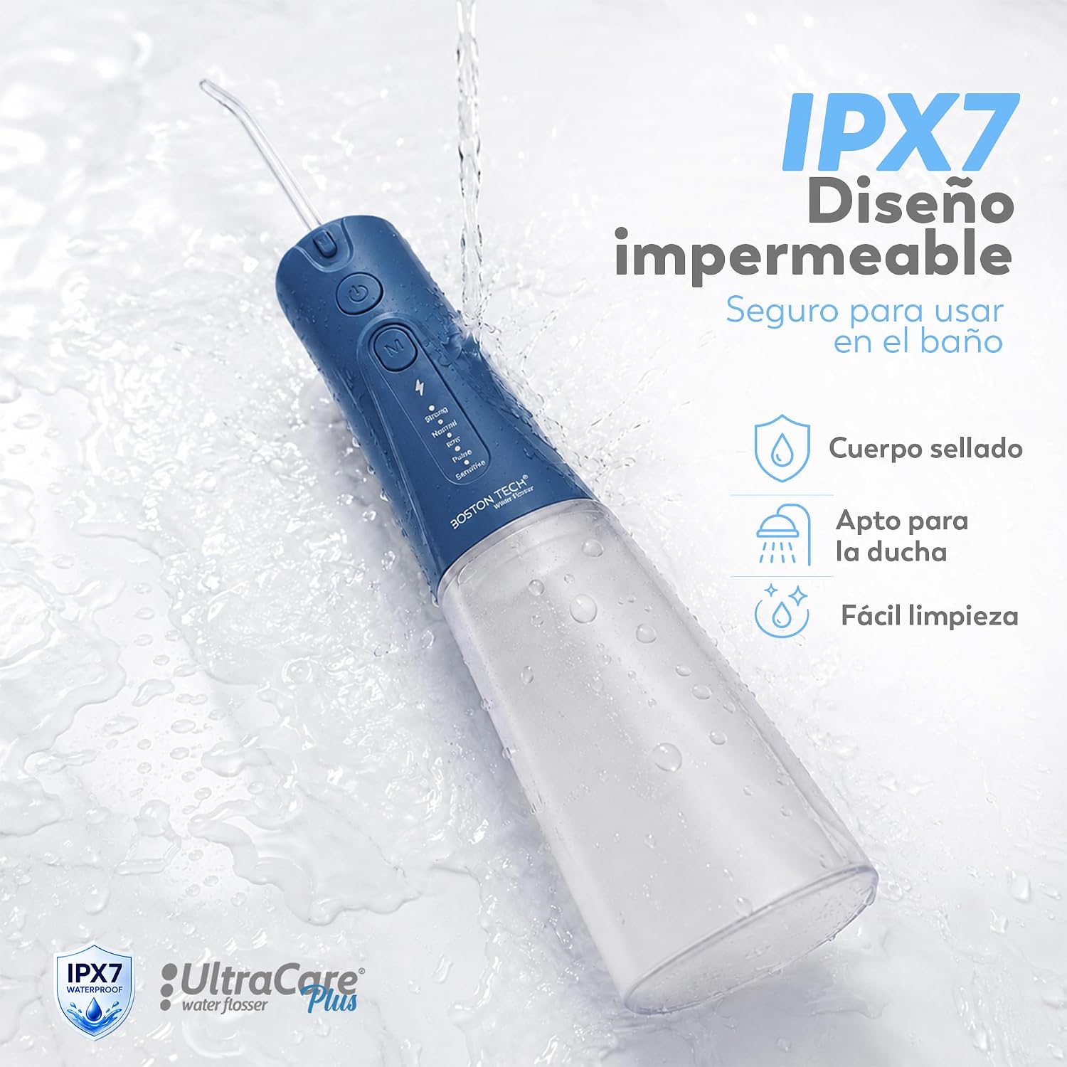 Aquapik® UltraCare Plus Irrigador Dental Inalámbrico y Recargable Irrigador Bucal a presión de agua Impermeable IPX8 Hogar y Viajes Elimina Placa Cuida Encías 5 Modos 8 Boquillas 300ml (Azul)