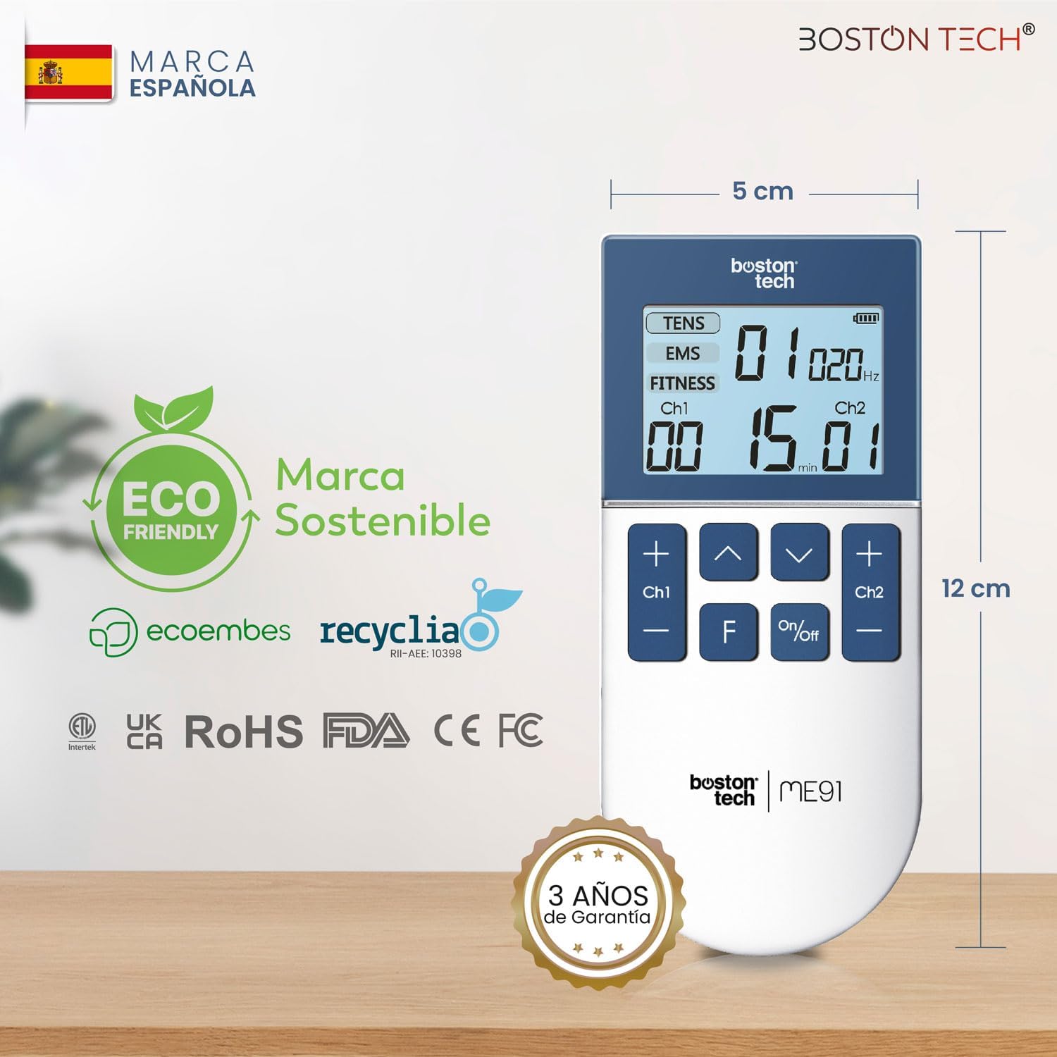 Electroestimulador Muscular TENS/EMS/FITNESS 3 en 1 | Boston Tech® ME91 | 50 Programas, 16 Intensidades, 2 Canales | Alivio del Dolor, Rehabilitación y Magnetoterapia + 4 Electrodos Reutilizables