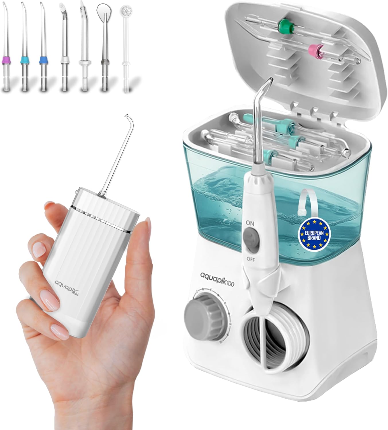 Pack de Irrigadores Dentales Aquapik: sobremesa + Mini Portátil | Recomendado por dentistas + Elimina la Placa + Cuida tus Implantes y Ortodoncia |Higiene Bucal Profunda (A. Blanco-Blanco)