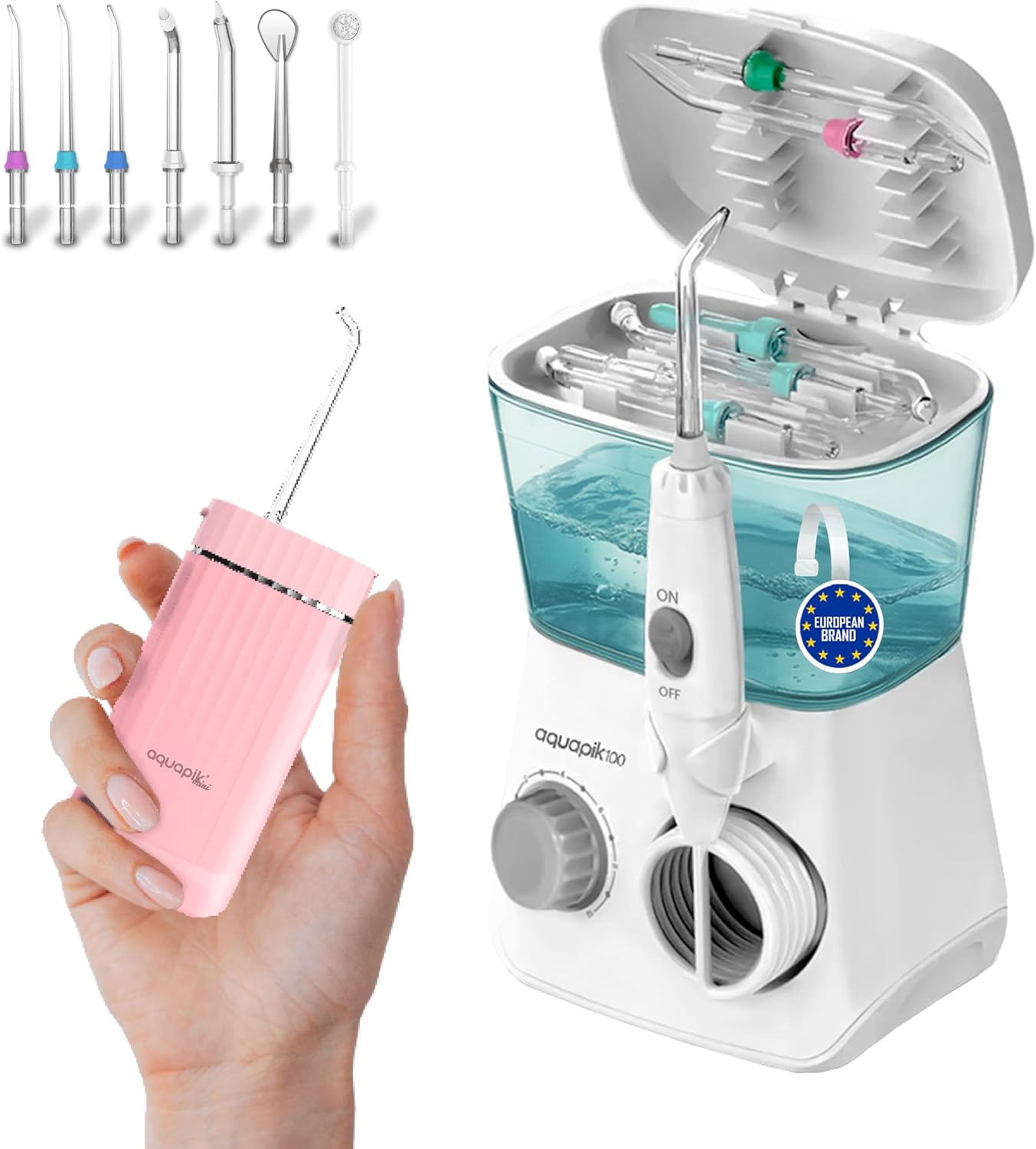 Pack de Irrigadores Dentales Aquapik: sobremesa + Mini Portátil | Recomendado por dentistas + Elimina la Placa + Cuida tus Implantes y Ortodoncia |Higiene Bucal Profunda . Color Blanco-Rosa