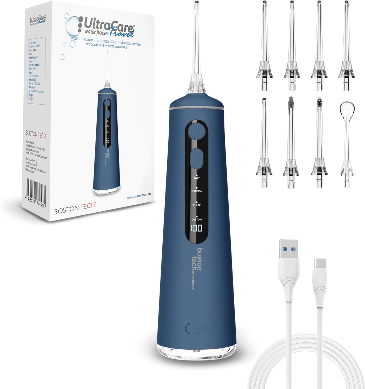 Irrigador Bucal Portatil, Aquapik Irrigador Dental Inalámbrico Profesional 8 Boquillas 4 Modos, IPX7 Impermeable 300ML USB-C Recargable Para Limpieza Dientes, Para el Hogar y los Viajes (b. Azul)