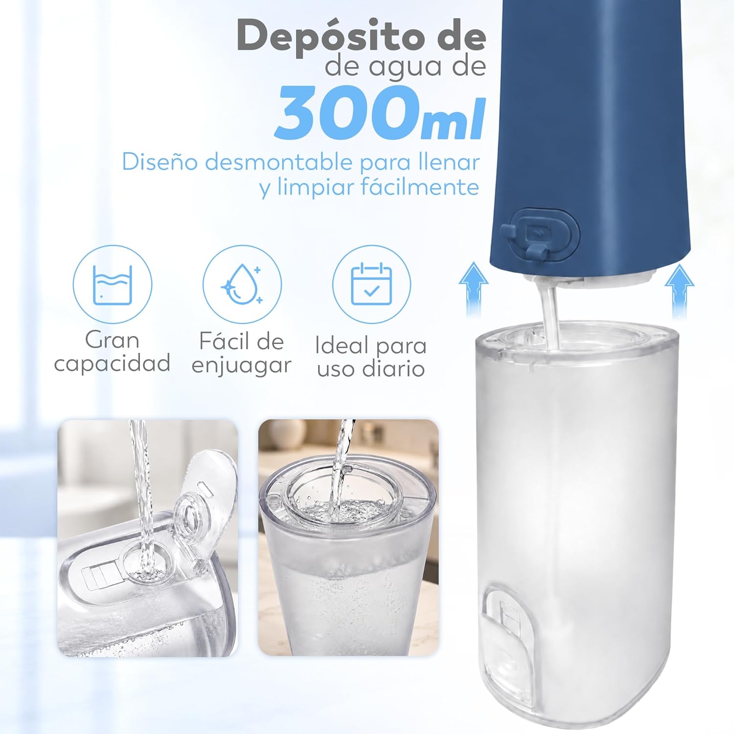 Aquapik® UltraCare Plus Irrigador Dental Inalámbrico y Recargable Irrigador Bucal a presión de agua Impermeable IPX8 Hogar y Viajes Elimina Placa Cuida Encías 5 Modos 8 Boquillas 300ml (Azul)