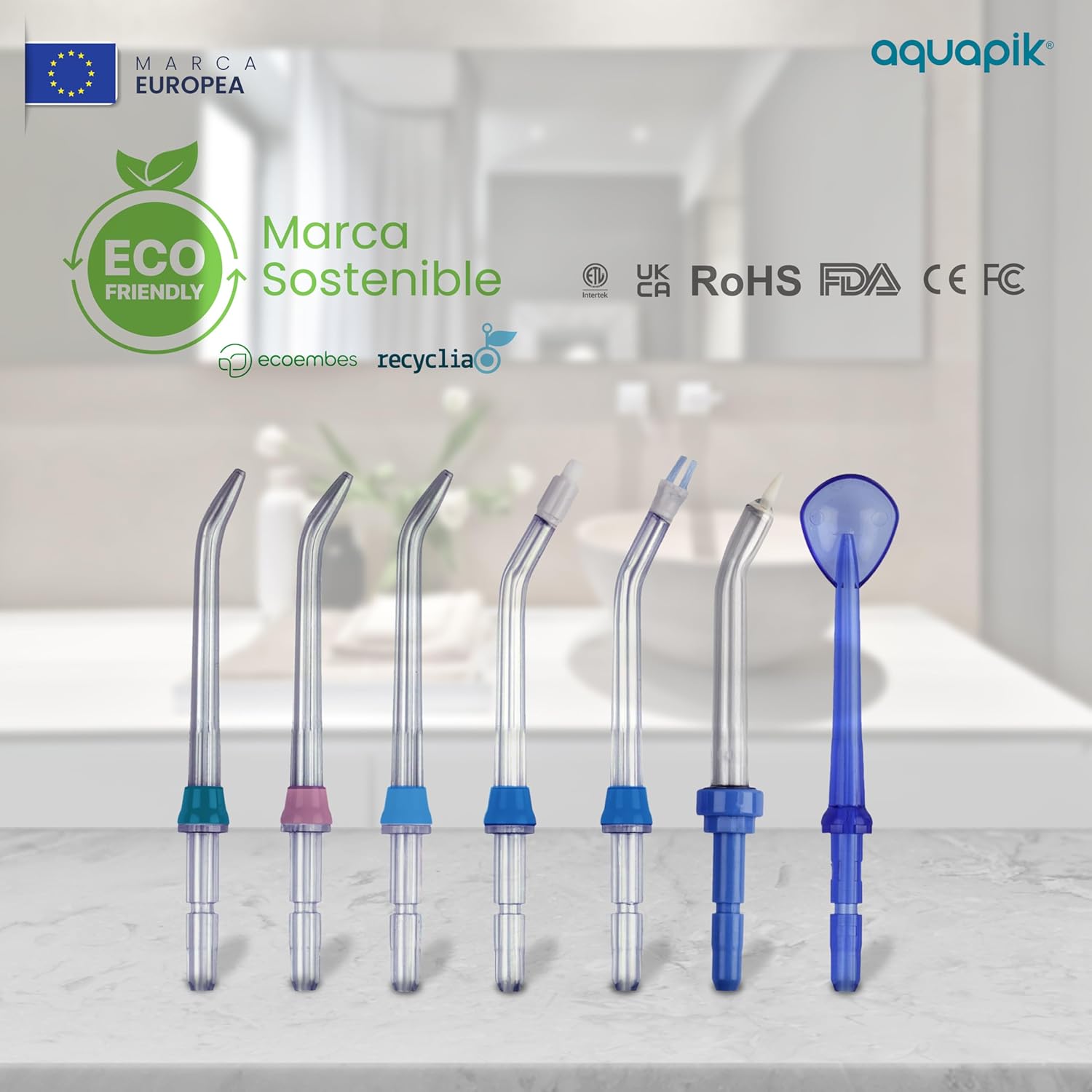 Aquapik® 100 Boquillas para Irrigador Dental Set 7 Boquillas Universales Compatibles | Repuesto Multifuncional | Colores Familiares | Estuche Higiénico