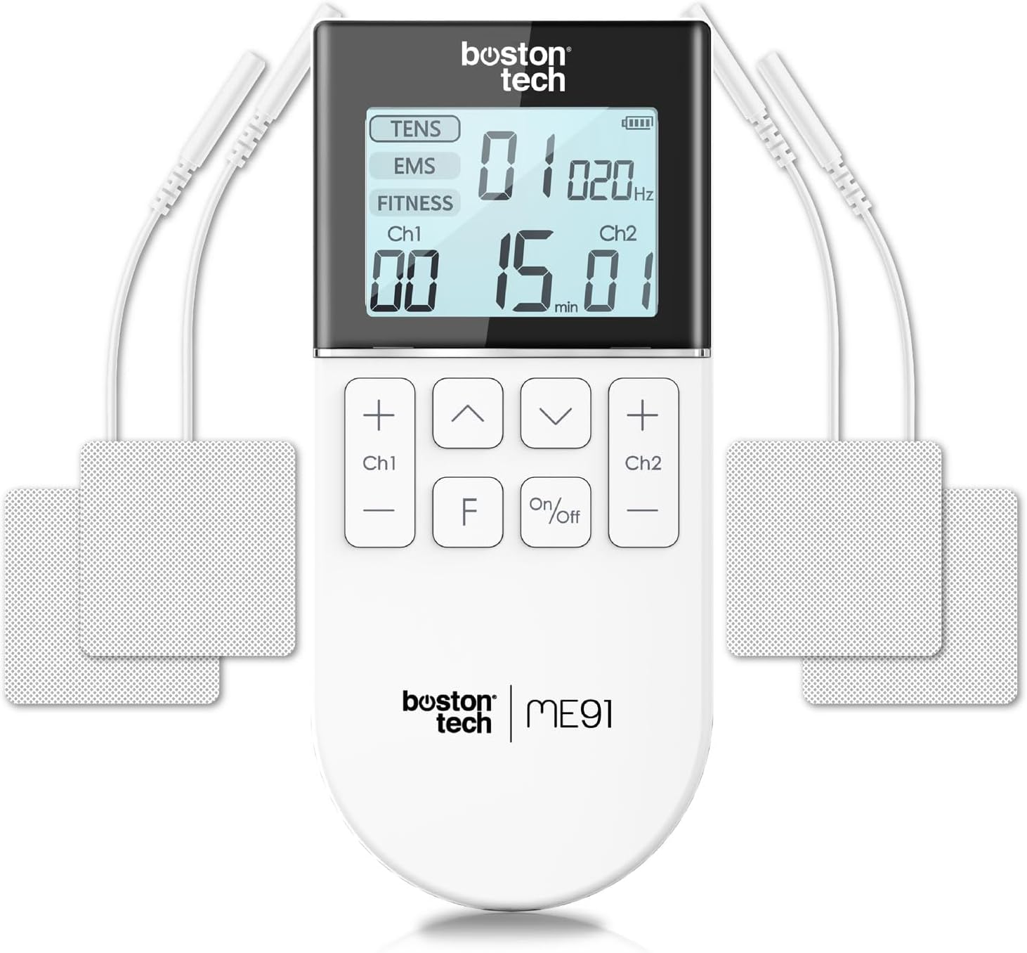 Electroestimulador Muscular TENS/EMS/FITNESS 3 en 1 | Boston Tech® ME91 | 50 Programas, 16 Intensidades, 2 Canales | Alivio del Dolor, Rehabilitación y Magnetoterapia + 4 Electrodos Reutilizables