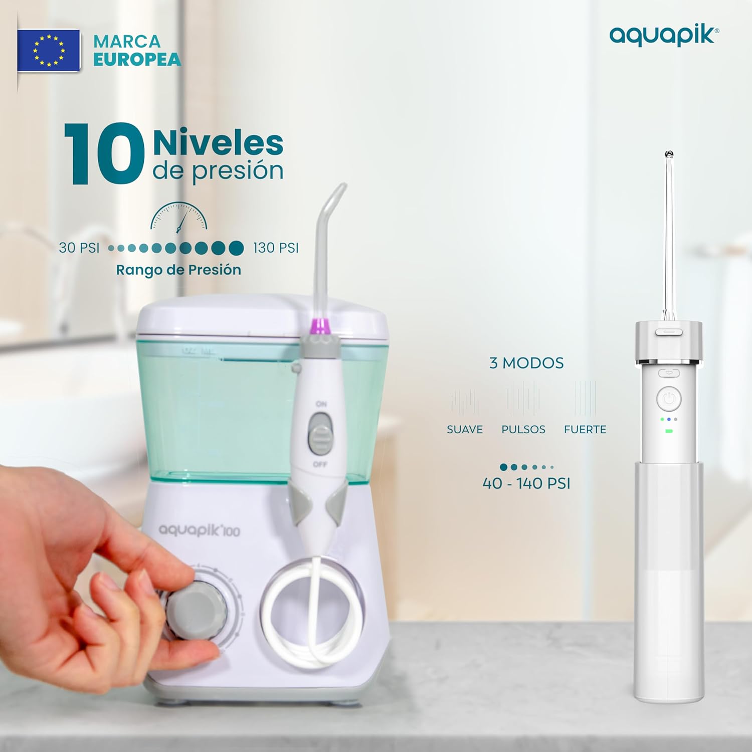 Pack de Irrigadores Dentales Aquapik: sobremesa + Mini Portátil | Recomendado por dentistas + Elimina la Placa + Cuida tus Implantes y Ortodoncia |Higiene Bucal Profunda (A. Blanco-Blanco)