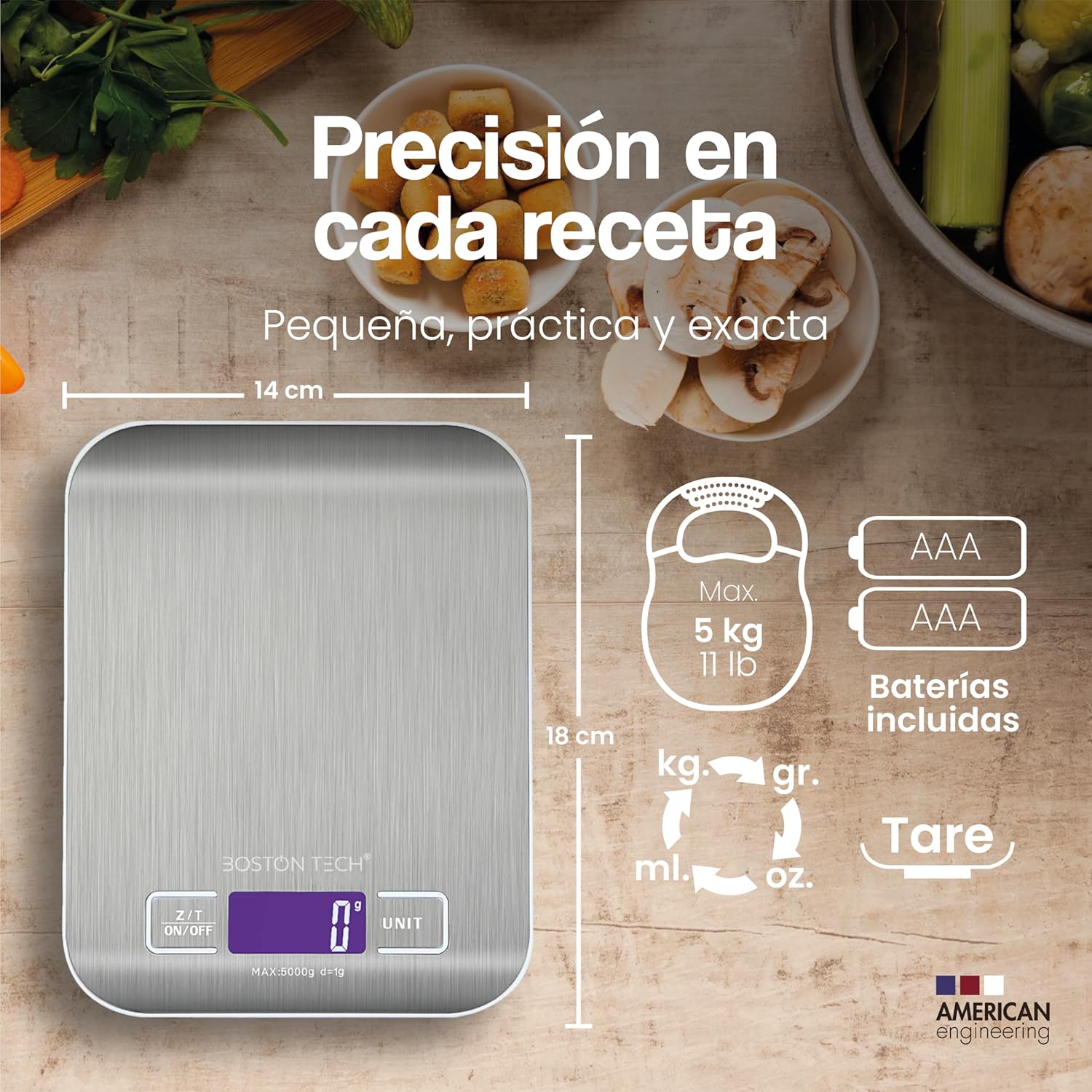 Boston Tech Báscula de Cocina Digital - Acero Inoxidable, Alta Precisión, Impermeable, Capacidad 5kg, Pantalla LCD, Función Tara, Recetario Incluido (HK105)