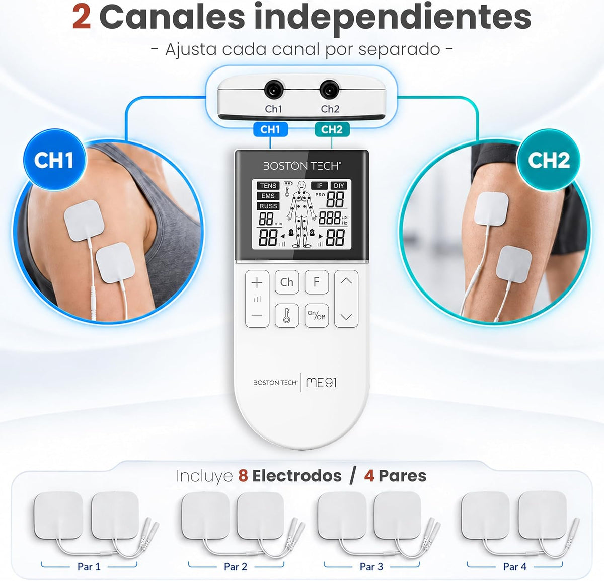 Electroestimulador TENS EMS 5 en 1 recargable Boston Tech · 80 programas y 8 electrodos