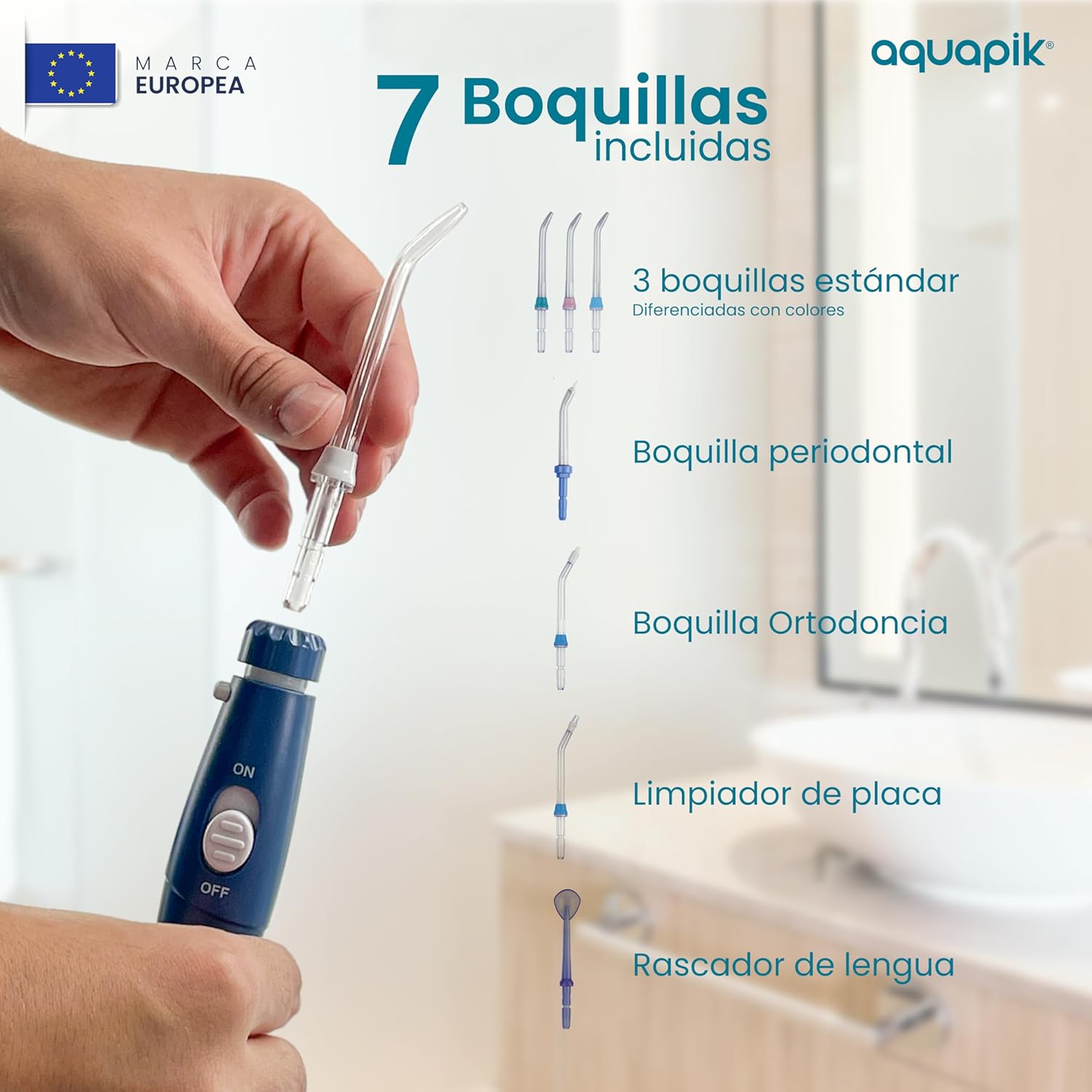 Aquapik® 100 Boquillas para Irrigador Dental Set 7 Boquillas Universales Compatibles | Repuesto Multifuncional | Colores Familiares | Estuche Higiénico