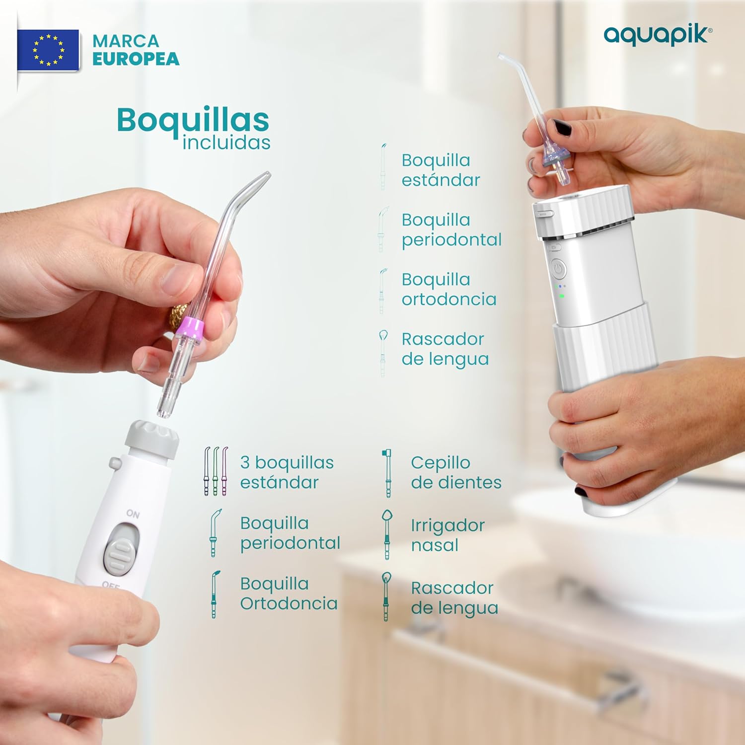 Pack de Irrigadores Dentales Aquapik: sobremesa + Mini Portátil | Recomendado por dentistas + Elimina la Placa + Cuida tus Implantes y Ortodoncia |Higiene Bucal Profunda (A. Blanco-Blanco)