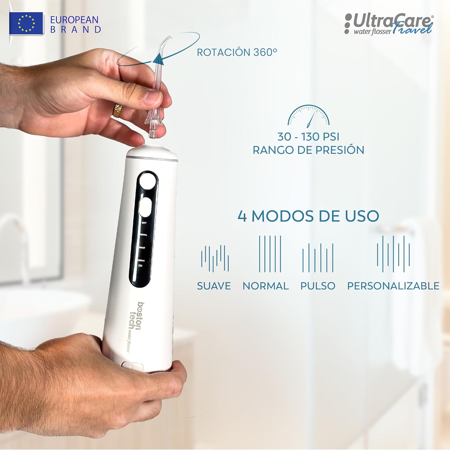 Aquapik Ultracare Travel Irrigador Bucal Portatil, Irrigador Dental Inalámbrico Profesional 8 Boquillas 4 Modos, IPX8 Impermeable 300ML USB-C Recargable Para Limpieza Dientes