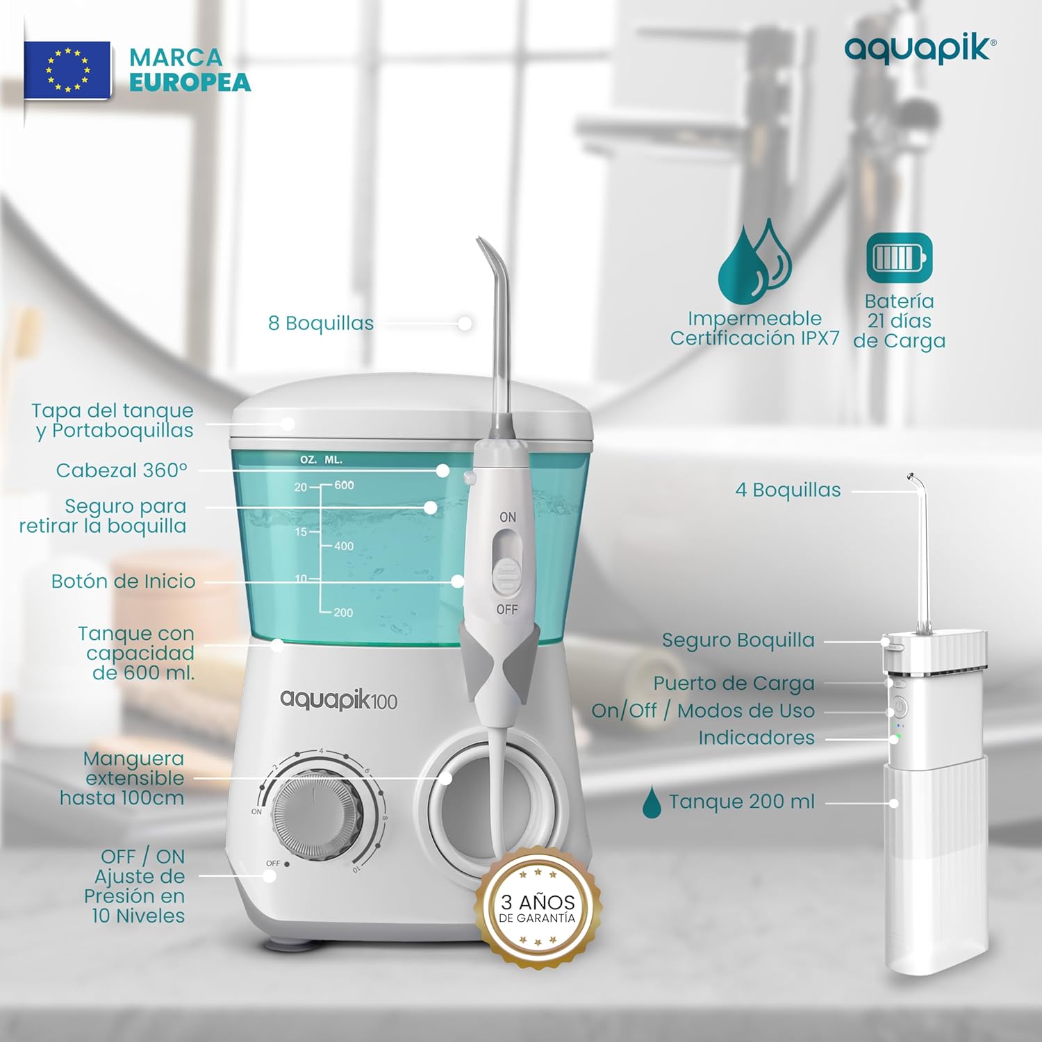 Pack de Irrigadores Dentales Aquapik: sobremesa + Mini Portátil | Recomendado por dentistas + Elimina la Placa + Cuida tus Implantes y Ortodoncia |Higiene Bucal Profunda (A. Blanco-Blanco)