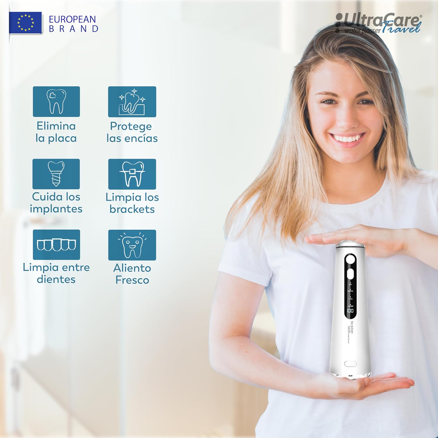 Aquapik Ultracare Travel Irrigador Bucal Portatil, Irrigador Dental Inalámbrico Profesional 8 Boquillas 4 Modos, IPX8 Impermeable 300ML USB-C Recargable Para Limpieza Dientes