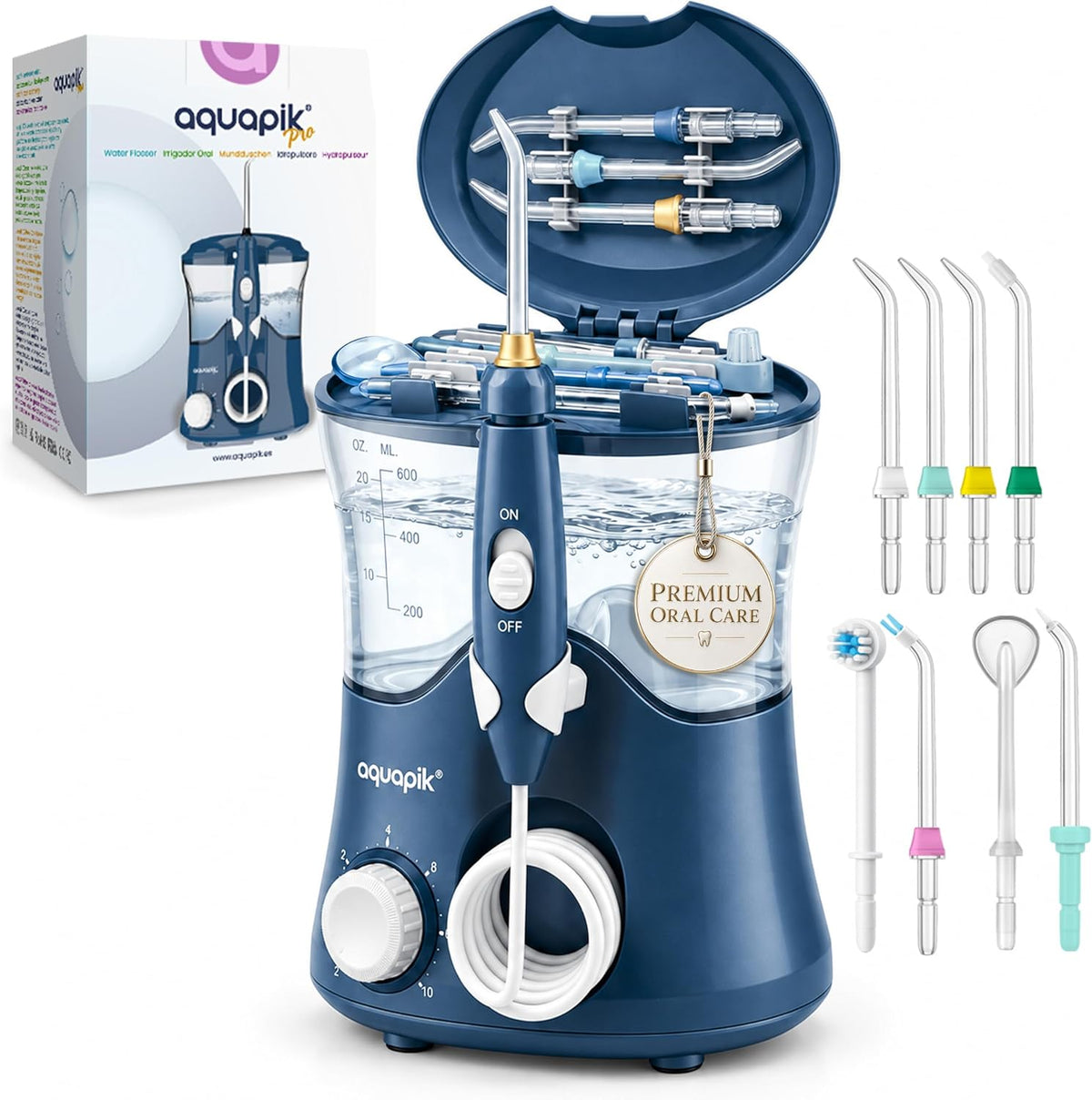 Irrigador dental de sobremesa Aquapik® PRO · 600 ml y 8 boquillas