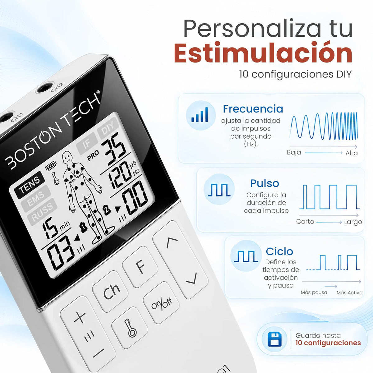 Electroestimulador TENS EMS 5 en 1 recargable Boston Tech · 80 programas y 8 electrodos