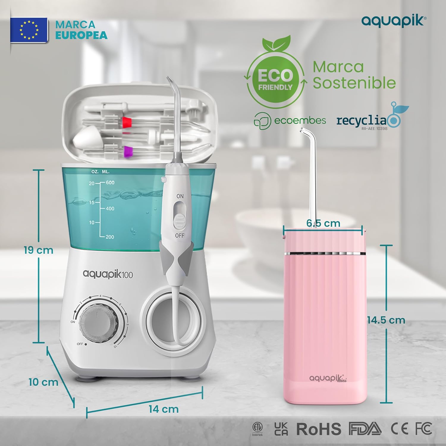 Pack de Irrigadores Dentales Aquapik: sobremesa + Mini Portátil | Recomendado por dentistas + Elimina la Placa + Cuida tus Implantes y Ortodoncia |Higiene Bucal Profunda . Color Blanco-Rosa