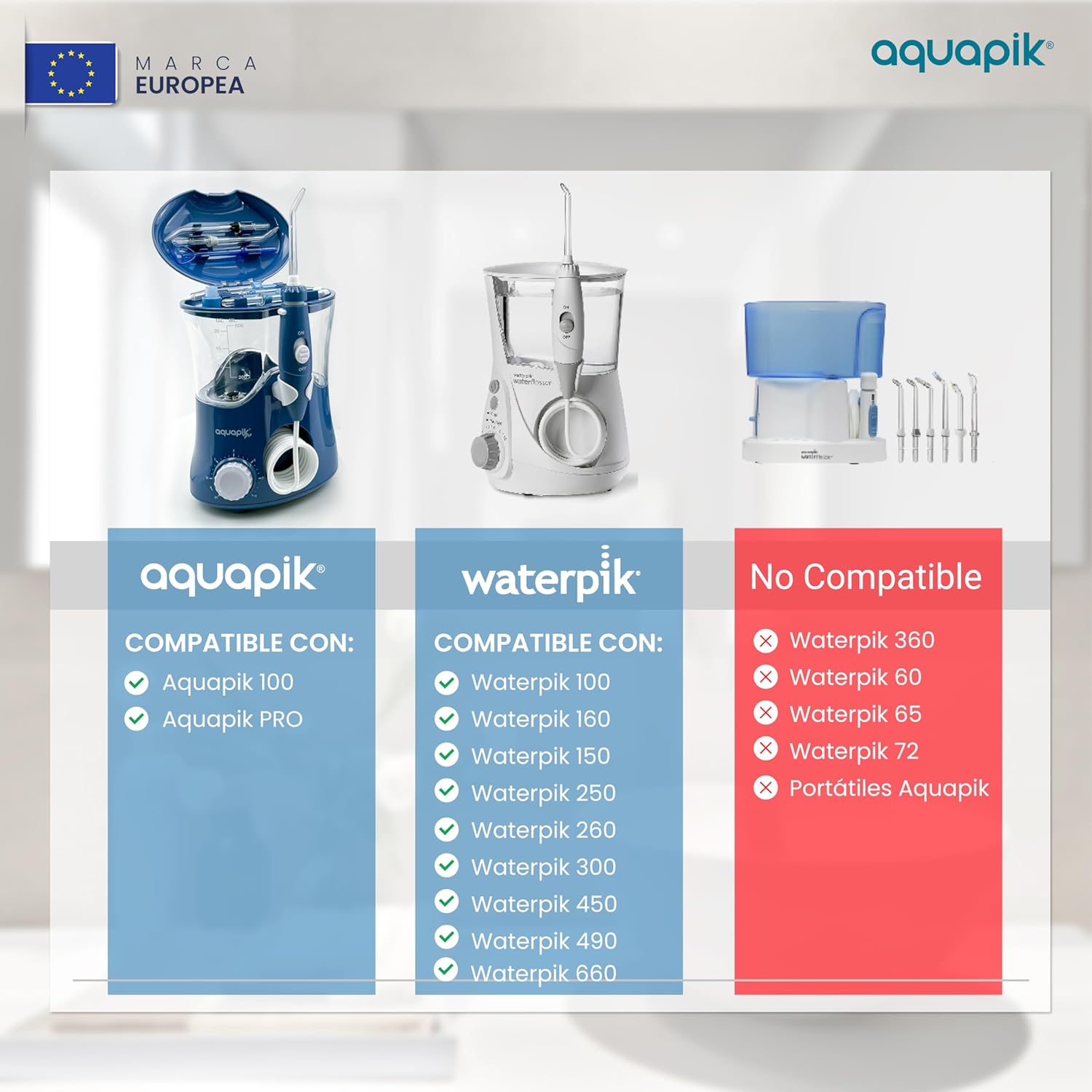Aquapik® 100 Boquillas para Irrigador Dental Set 7 Boquillas Universales Compatibles | Repuesto Multifuncional | Colores Familiares | Estuche Higiénico