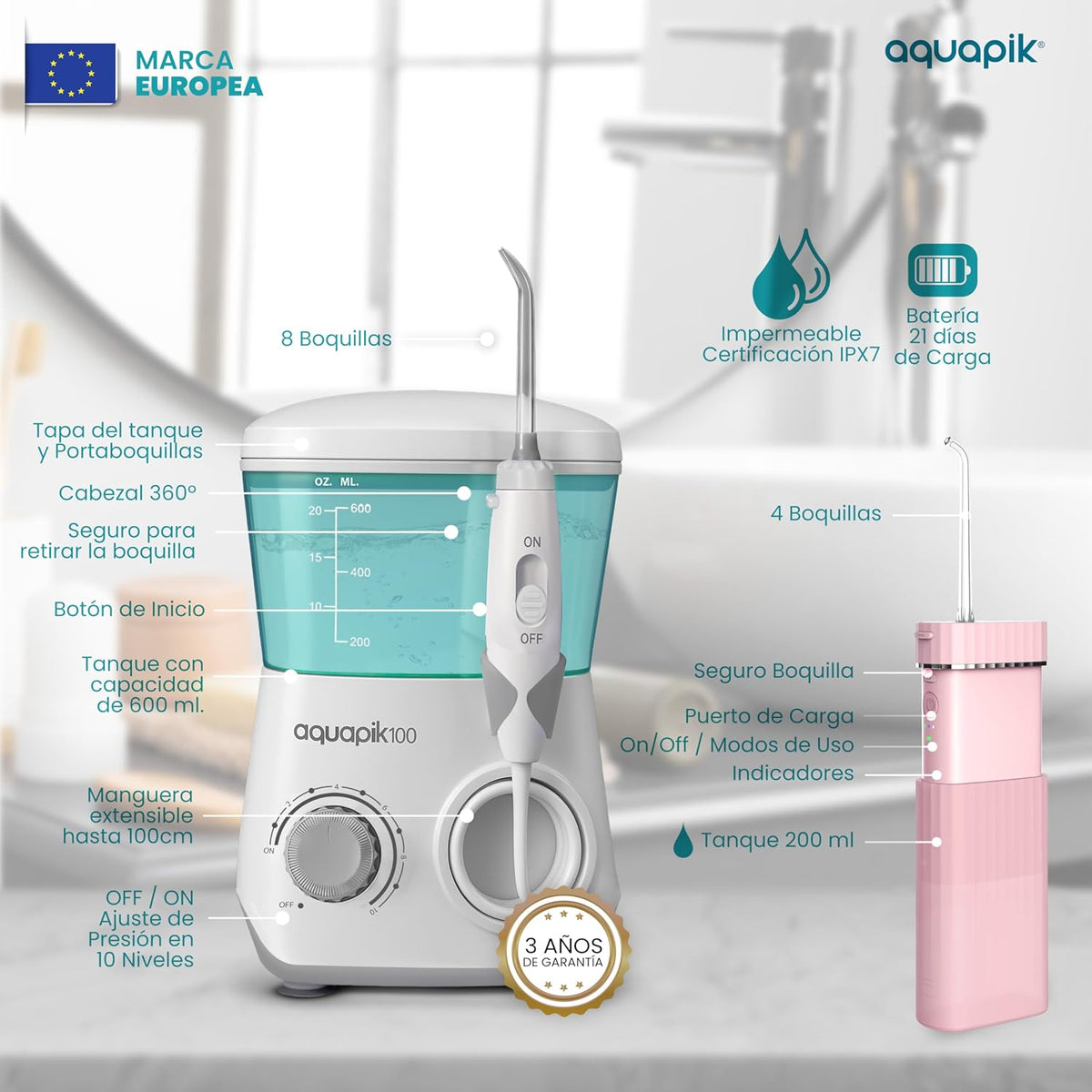 Pack Aquapik® DUO: irrigador de sobremesa 100 + portátil Mini · blanco-rosa