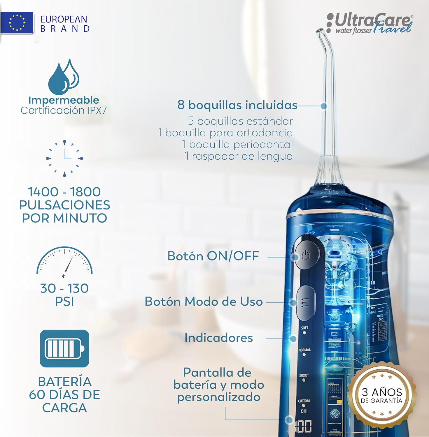Aquapik Ultracare Travel Irrigador Bucal Portatil, Irrigador Dental Inalámbrico Profesional 8 Boquillas 4 Modos, IPX8 Impermeable 300ML USB-C Recargable Para Limpieza Dientes