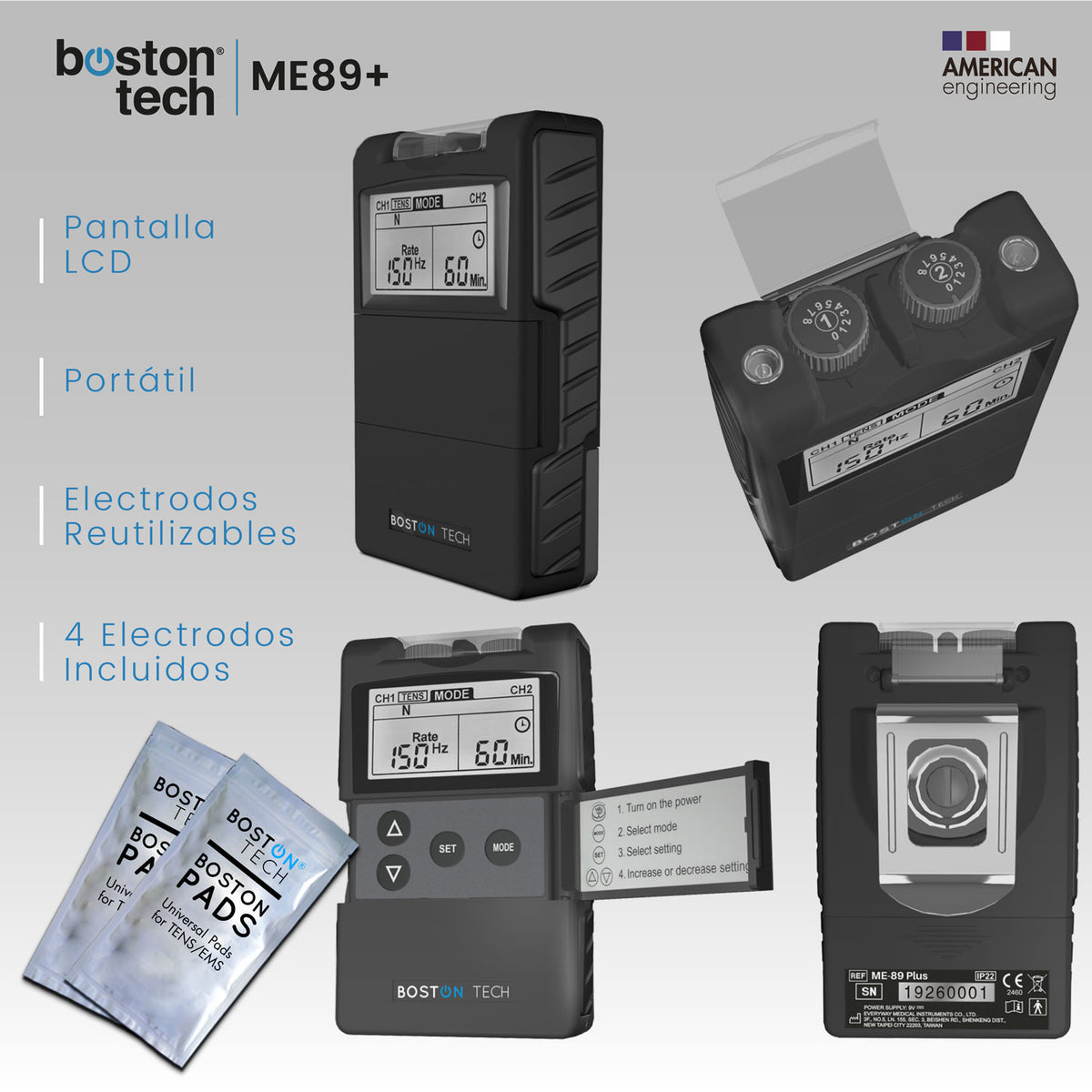 Electroestimulador TENS EMS Boston Tech ME89 Plus · 7 modos y 2 canales