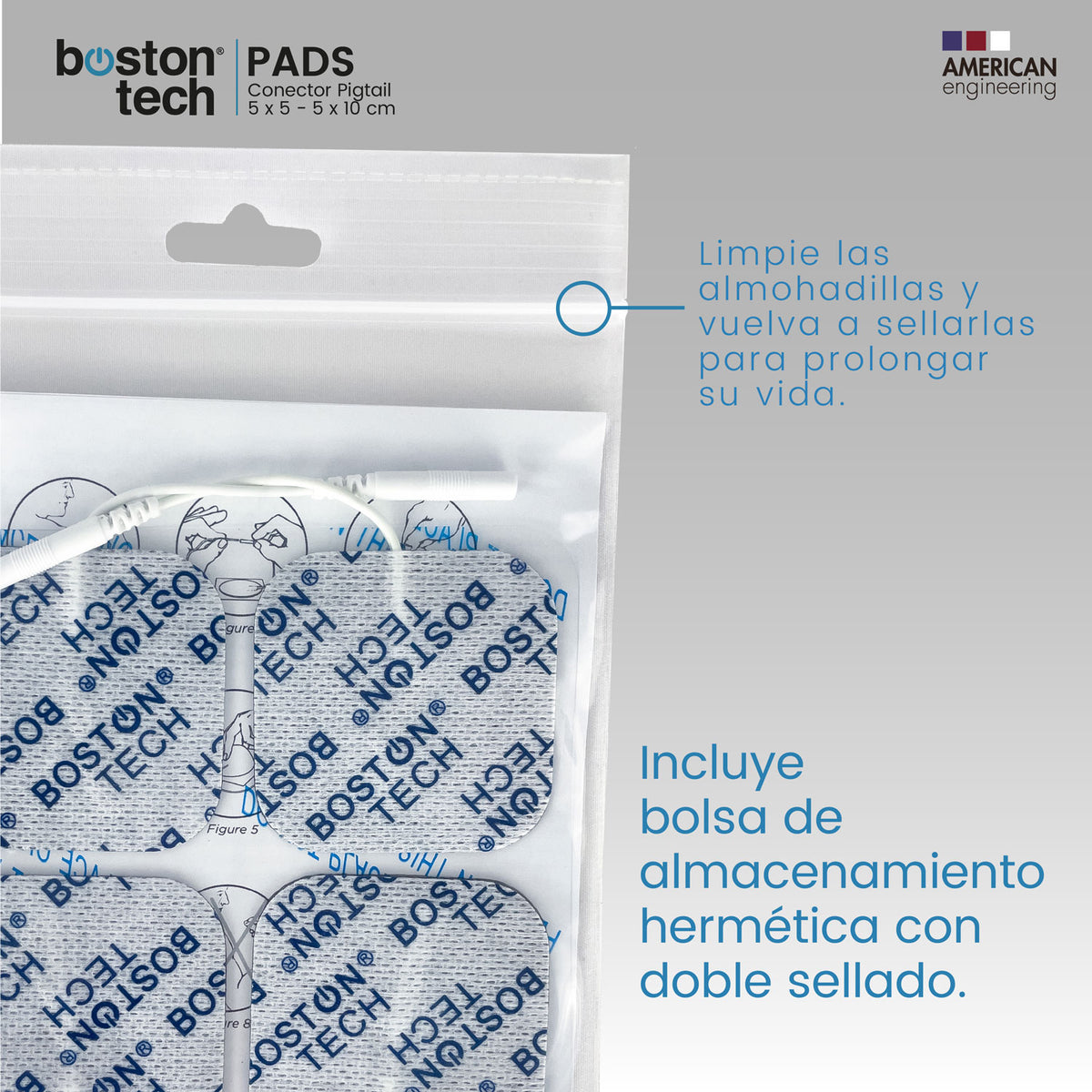 Electrodos para TENS con conector pigtail de 2 mm · 16 mixtos 5 × 5 y 5 × 10 cm