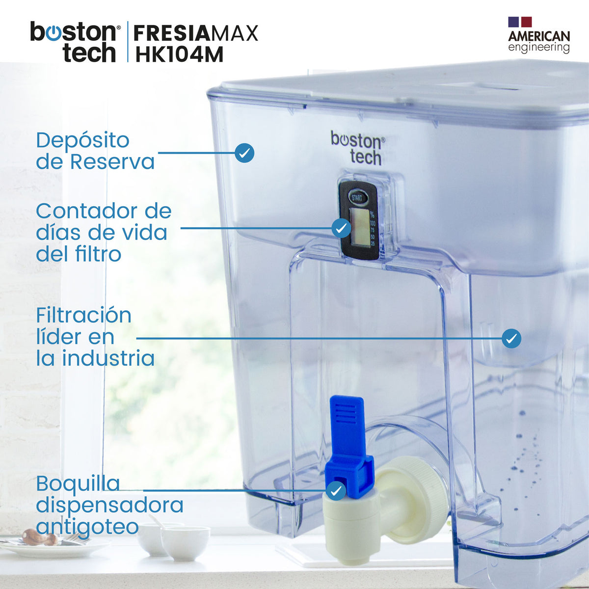 Dispensador de agua filtrada FresiaMax 7,5 L con grifo para el frigorífico