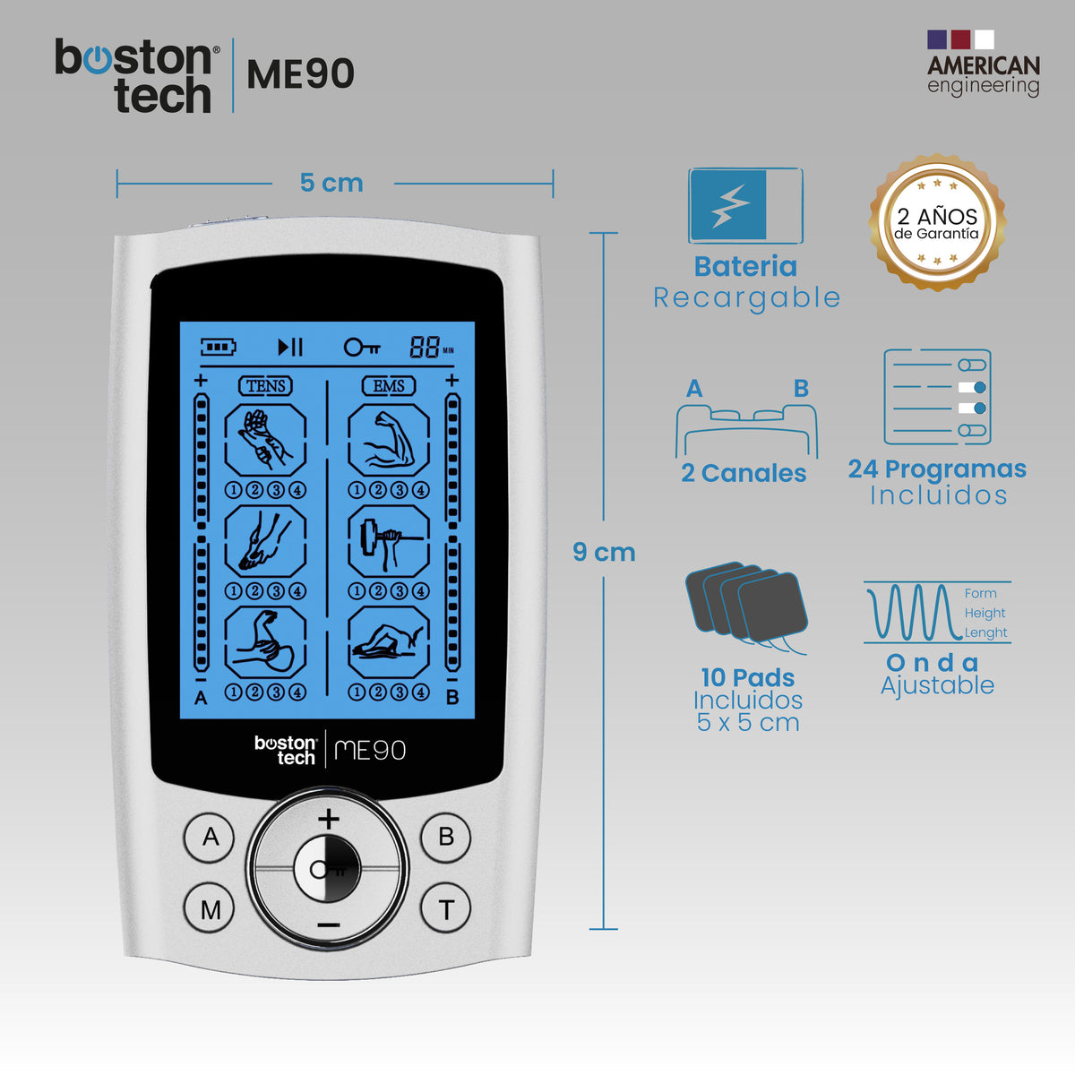 Electroestimulador TENS EMS Boston Tech ME90 · 24 programas y 2 canales