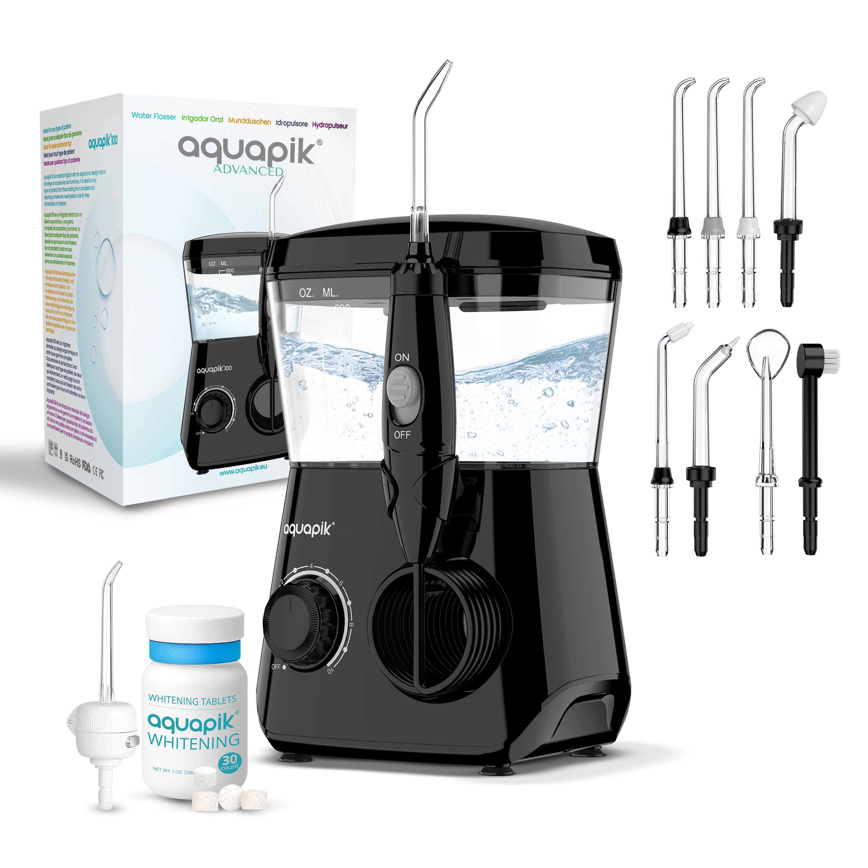 Irrigador Bucal Aquapik® ADVANCED | ideal para Ortodoncia, Implantes y Encías Sensibles | Kit Blanqueador + 8 Boquillas (incluye nasal) | 10 Niveles de Presión | Recomendado por Dentistas