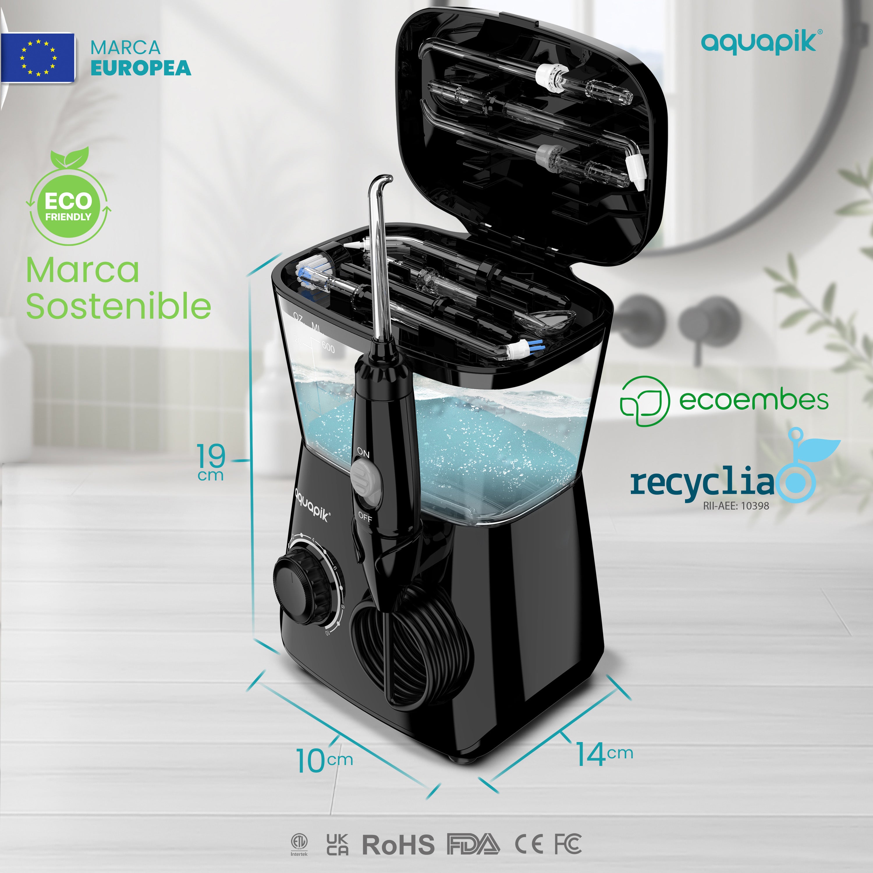 Irrigador Bucal Aquapik® ADVANCED | ideal para Ortodoncia, Implantes y Encías Sensibles | Kit Blanqueador + 8 Boquillas (incluye nasal) | 10 Niveles de Presión | Recomendado por Dentistas