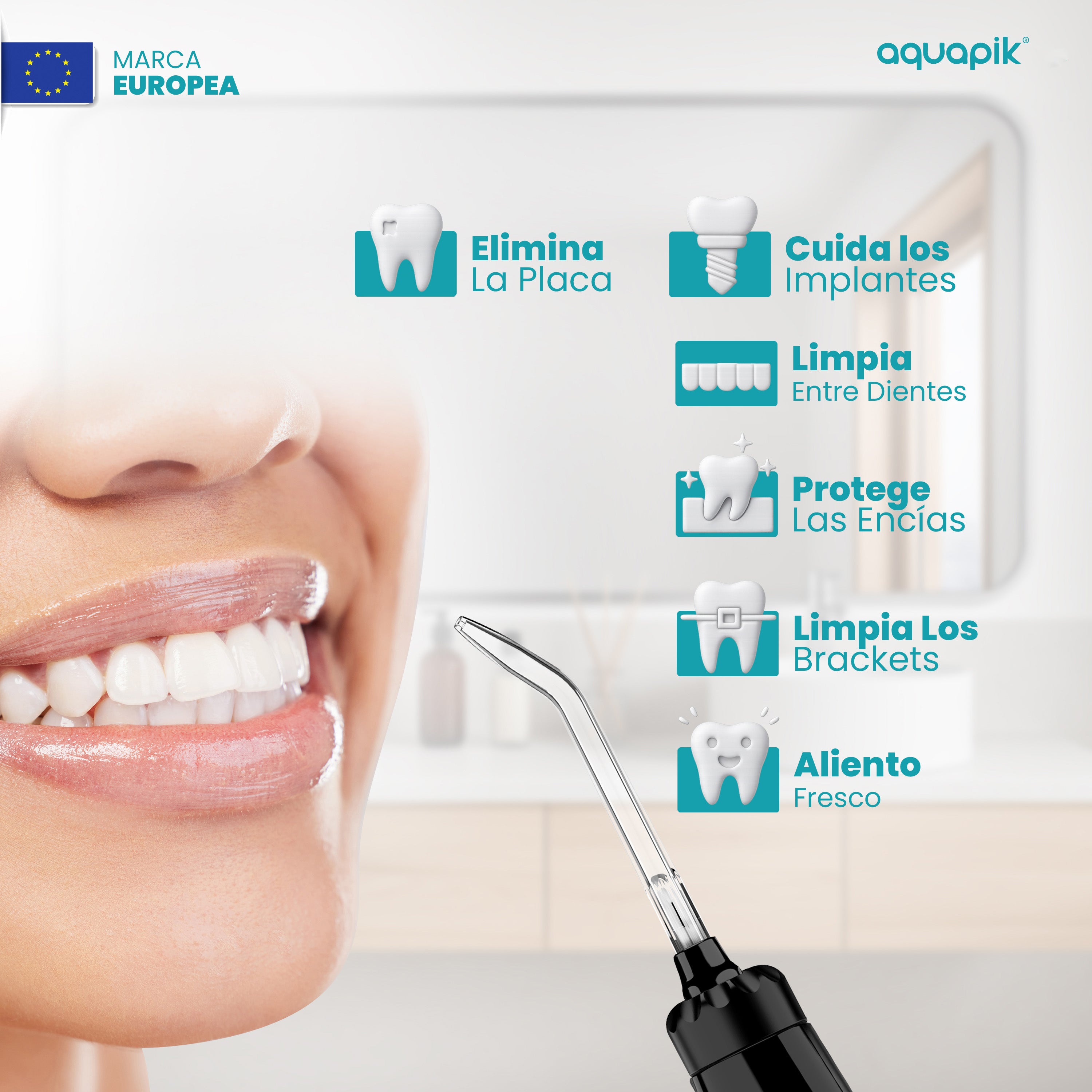 Irrigador Bucal Aquapik® ADVANCED | ideal para Ortodoncia, Implantes y Encías Sensibles | Kit Blanqueador + 8 Boquillas (incluye nasal) | 10 Niveles de Presión | Recomendado por Dentistas