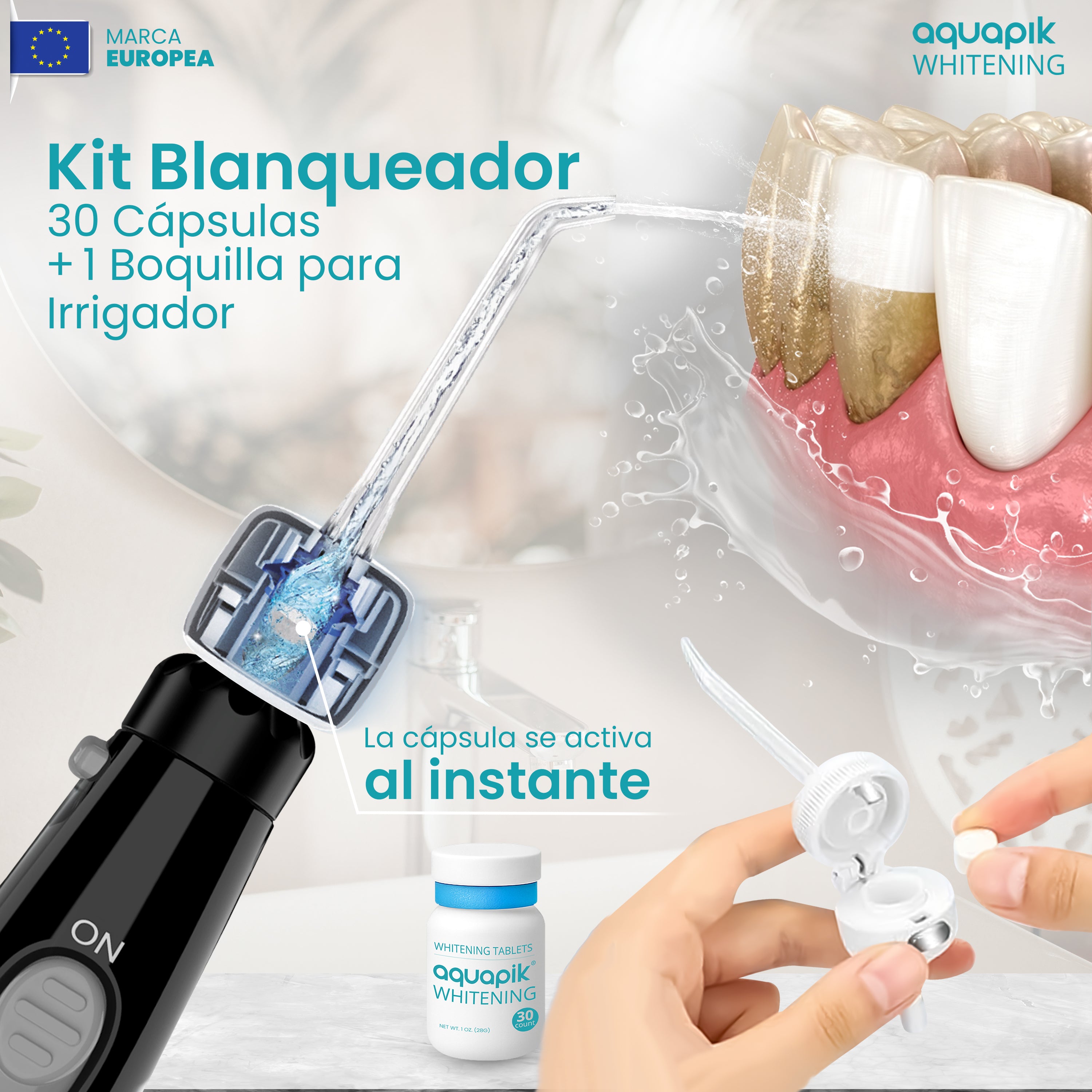 Irrigador Bucal Aquapik® ADVANCED | ideal para Ortodoncia, Implantes y Encías Sensibles | Kit Blanqueador + 8 Boquillas (incluye nasal) | 10 Niveles de Presión | Recomendado por Dentistas