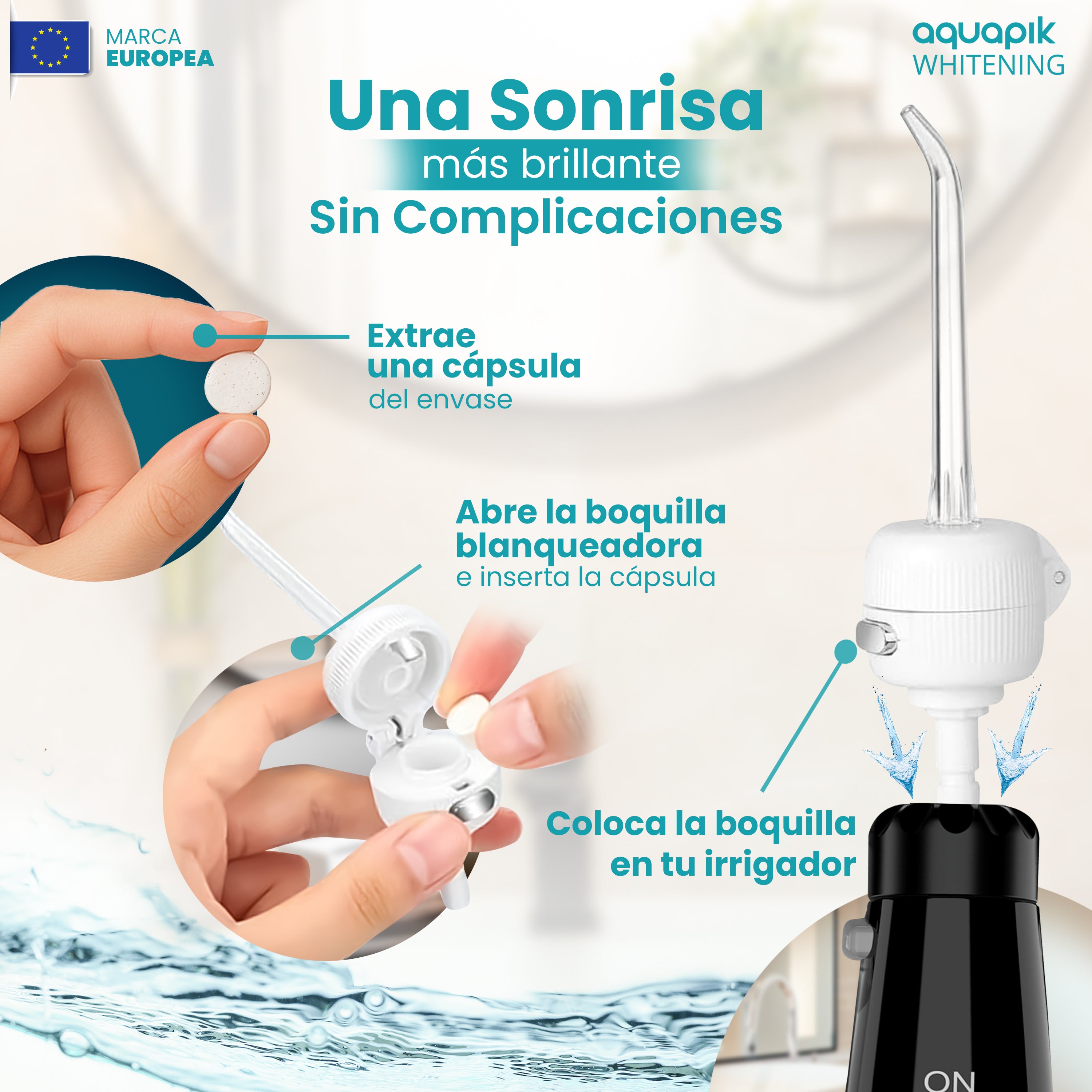 Irrigador Bucal Aquapik® ADVANCED | ideal para Ortodoncia, Implantes y Encías Sensibles | Kit Blanqueador + 8 Boquillas (incluye nasal) | 10 Niveles de Presión | Recomendado por Dentistas