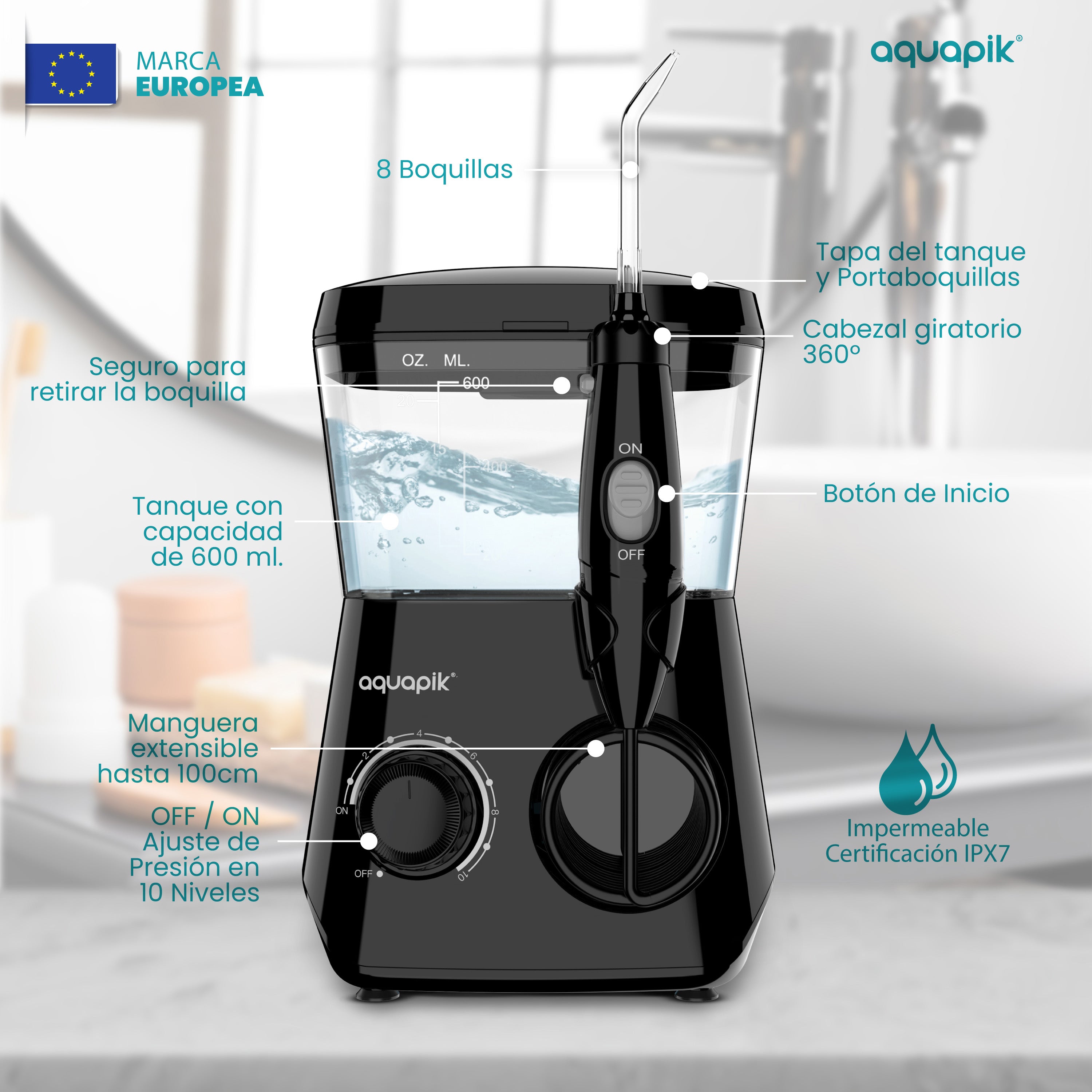 Irrigador Bucal Aquapik® ADVANCED | ideal para Ortodoncia, Implantes y Encías Sensibles | Kit Blanqueador + 8 Boquillas (incluye nasal) | 10 Niveles de Presión | Recomendado por Dentistas