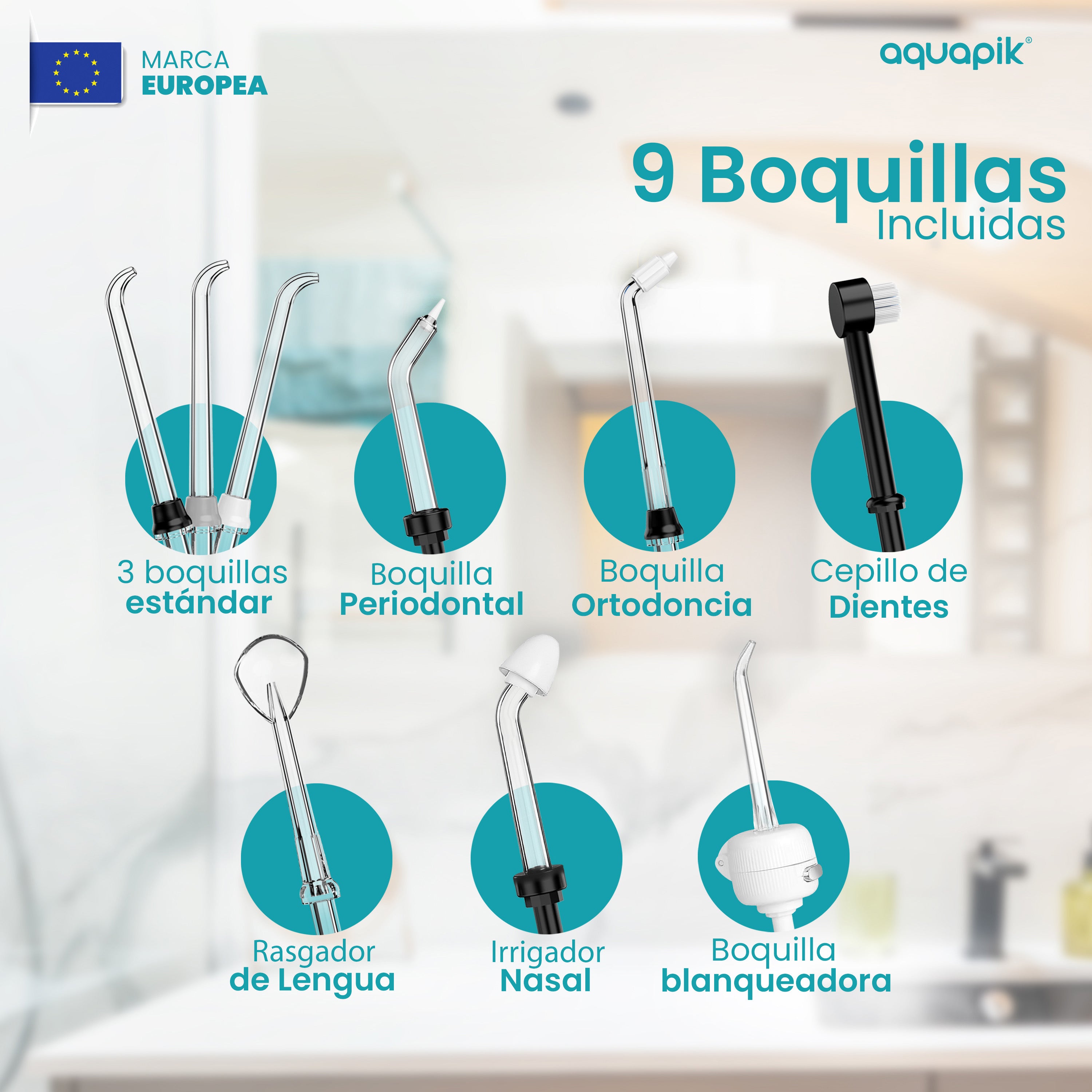 Irrigador Bucal Aquapik® ADVANCED | ideal para Ortodoncia, Implantes y Encías Sensibles | Kit Blanqueador + 8 Boquillas (incluye nasal) | 10 Niveles de Presión | Recomendado por Dentistas