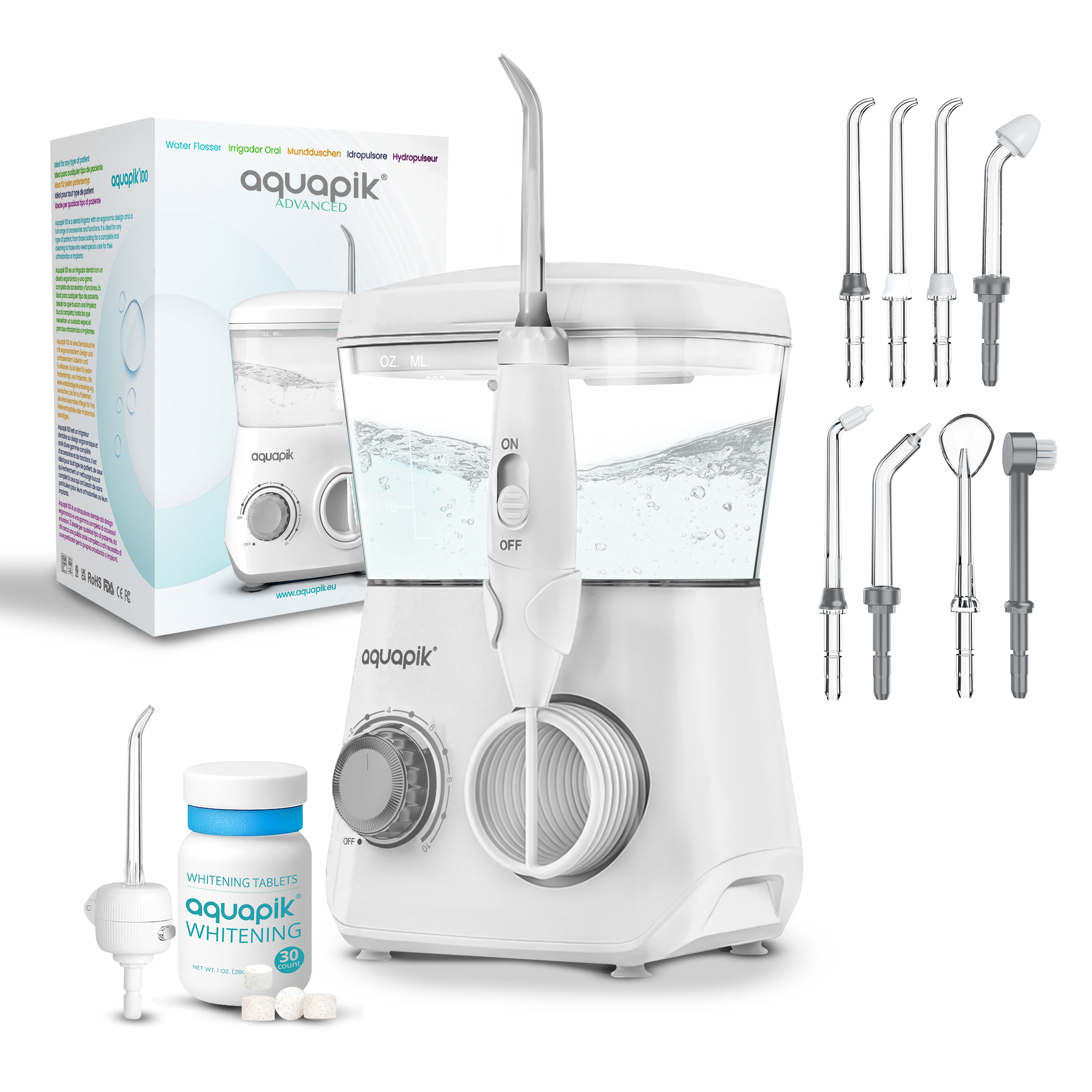 Irrigador Bucal Aquapik® ADVANCED | ideal para Ortodoncia, Implantes y Encías Sensibles | Kit Blanqueador + 8 Boquillas (incluye nasal) | 10 Niveles de Presión | Recomendado por Dentistas