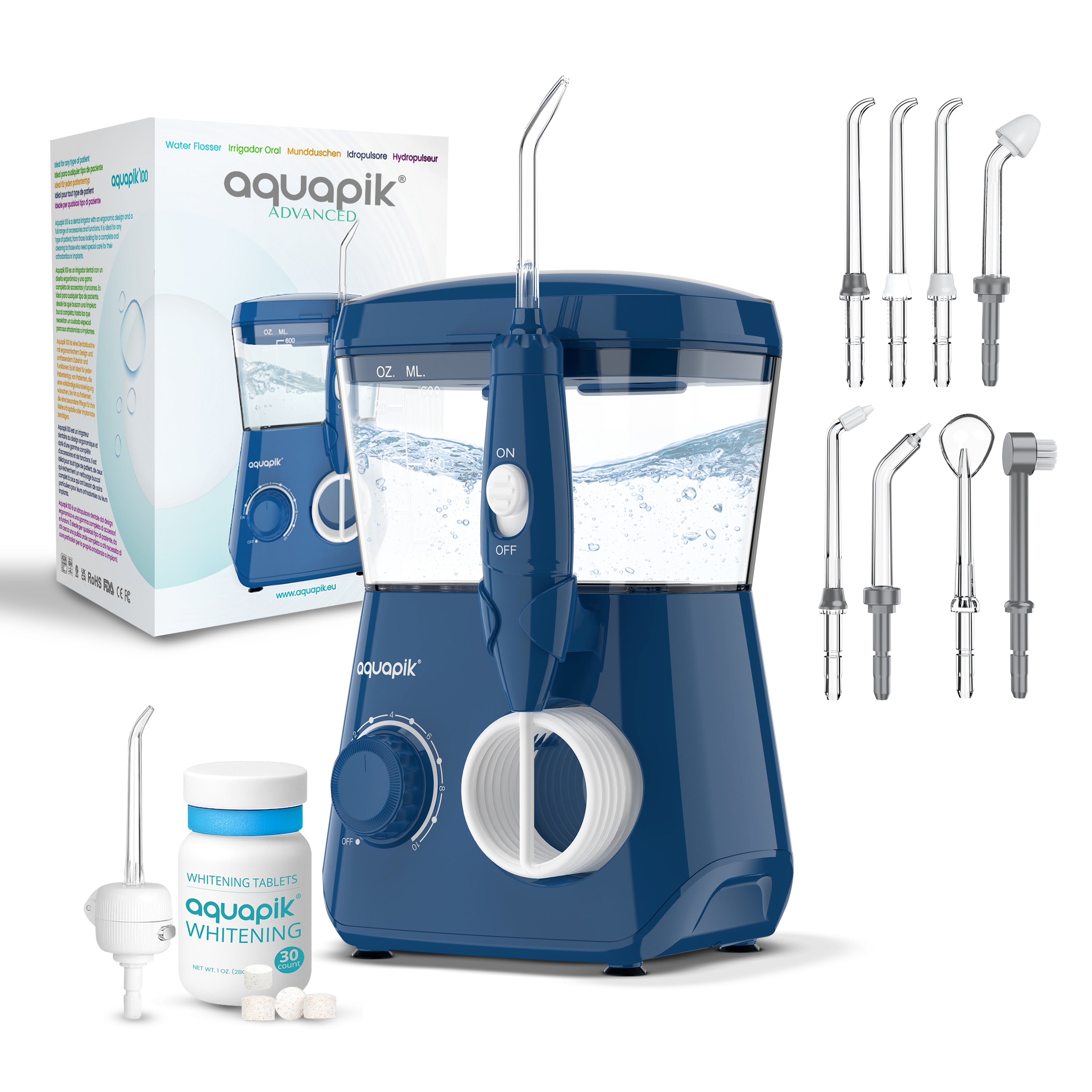 Irrigador Bucal Aquapik® ADVANCED | ideal para Ortodoncia, Implantes y Encías Sensibles | Kit Blanqueador + 8 Boquillas (incluye nasal) | 10 Niveles de Presión | Recomendado por Dentistas