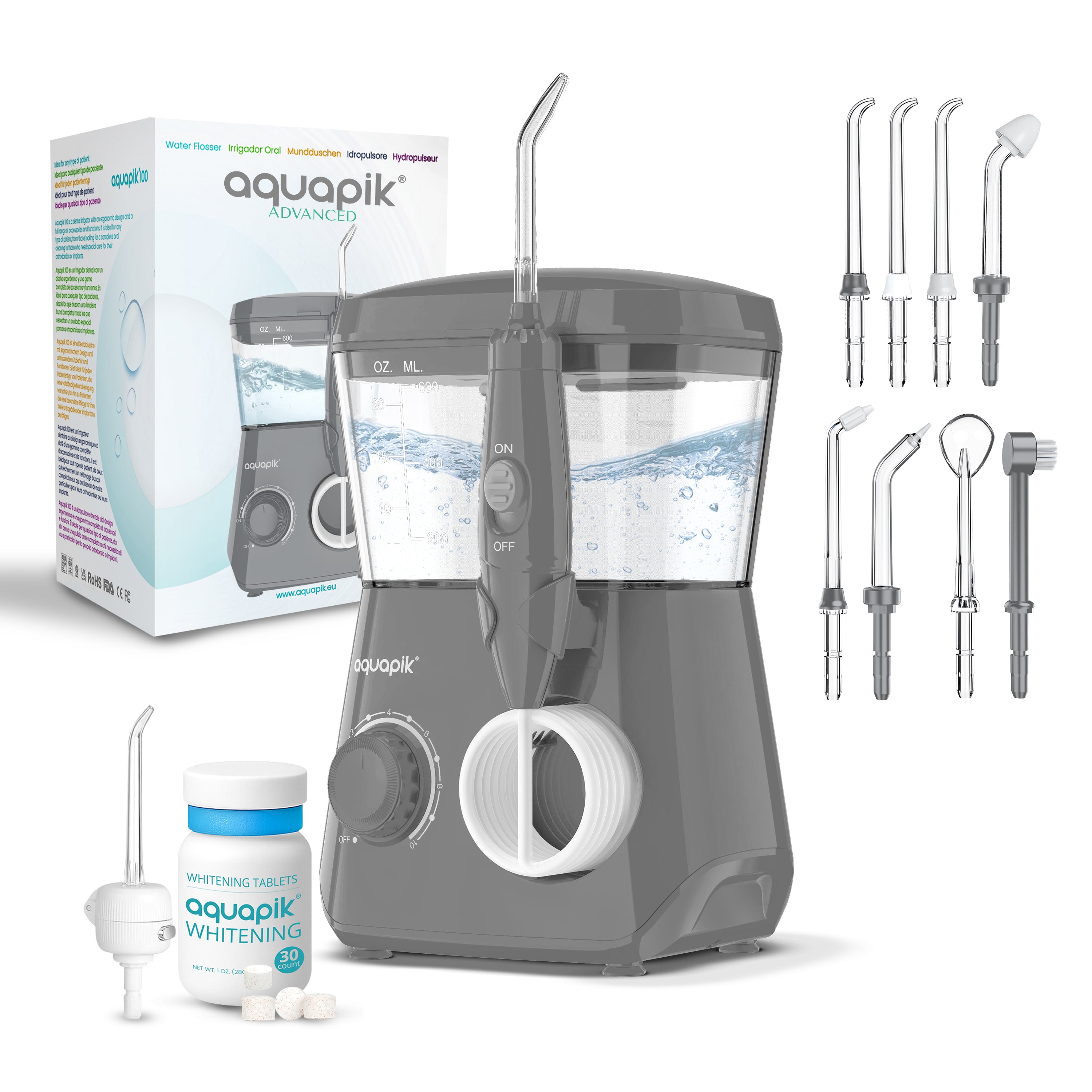 Irrigador Bucal Aquapik® ADVANCED | ideal para Ortodoncia, Implantes y Encías Sensibles | Kit Blanqueador + 8 Boquillas (incluye nasal) | 10 Niveles de Presión | Recomendado por Dentistas