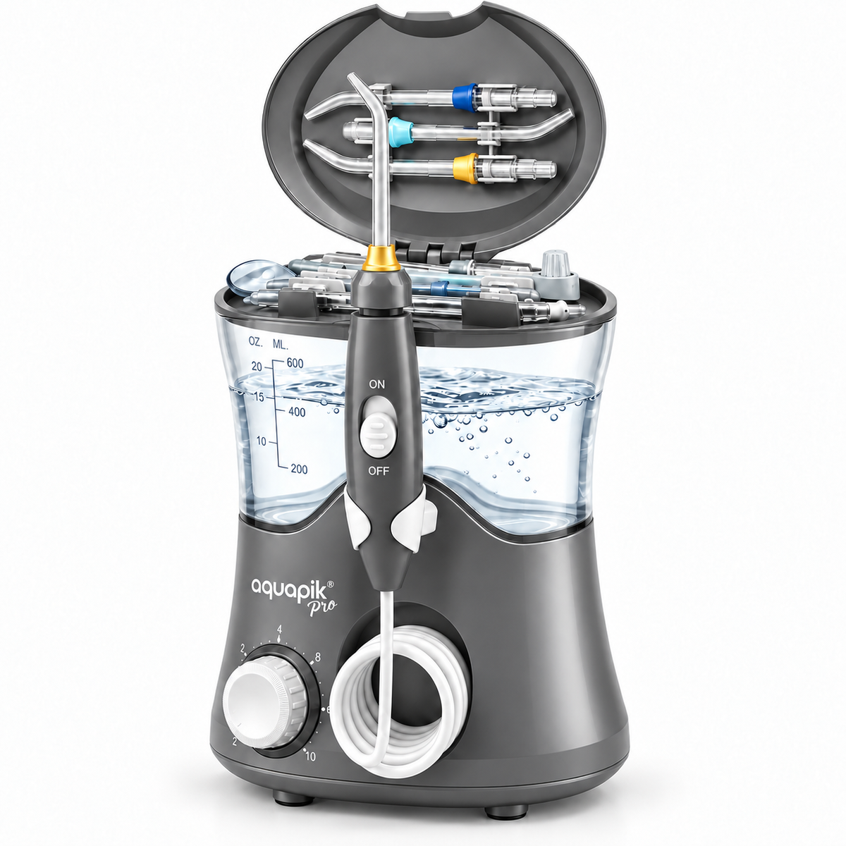 Irrigador dental de sobremesa Aquapik® PRO · 600 ml y 8 boquillas