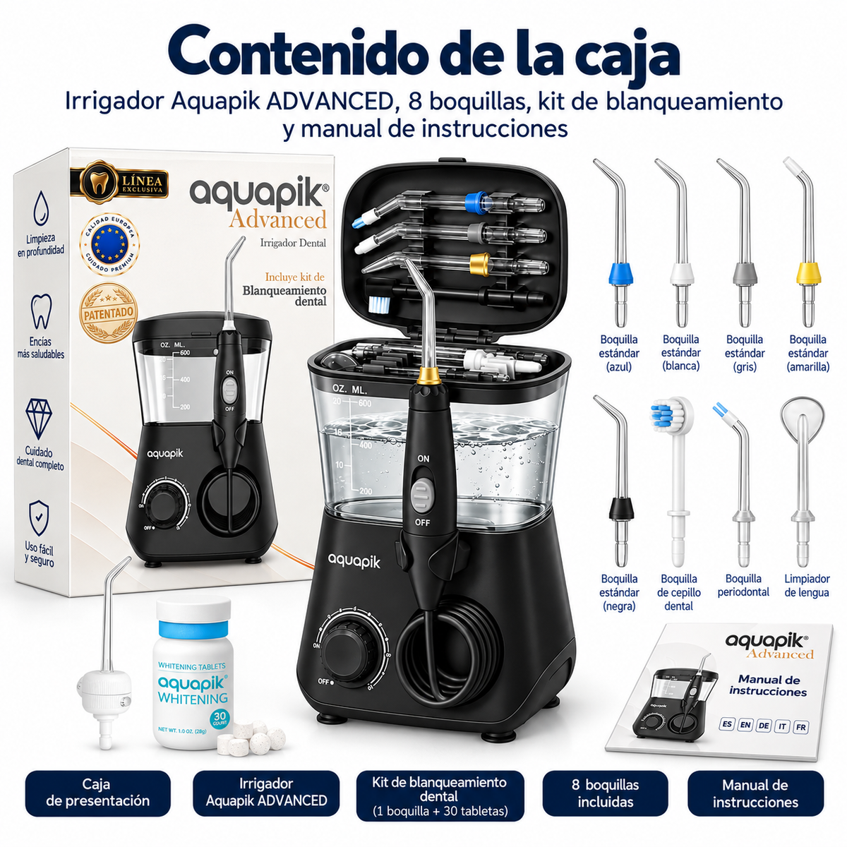 Irrigador dental Aquapik® ADVANCED · ortodoncia, implantes y kit blanqueador