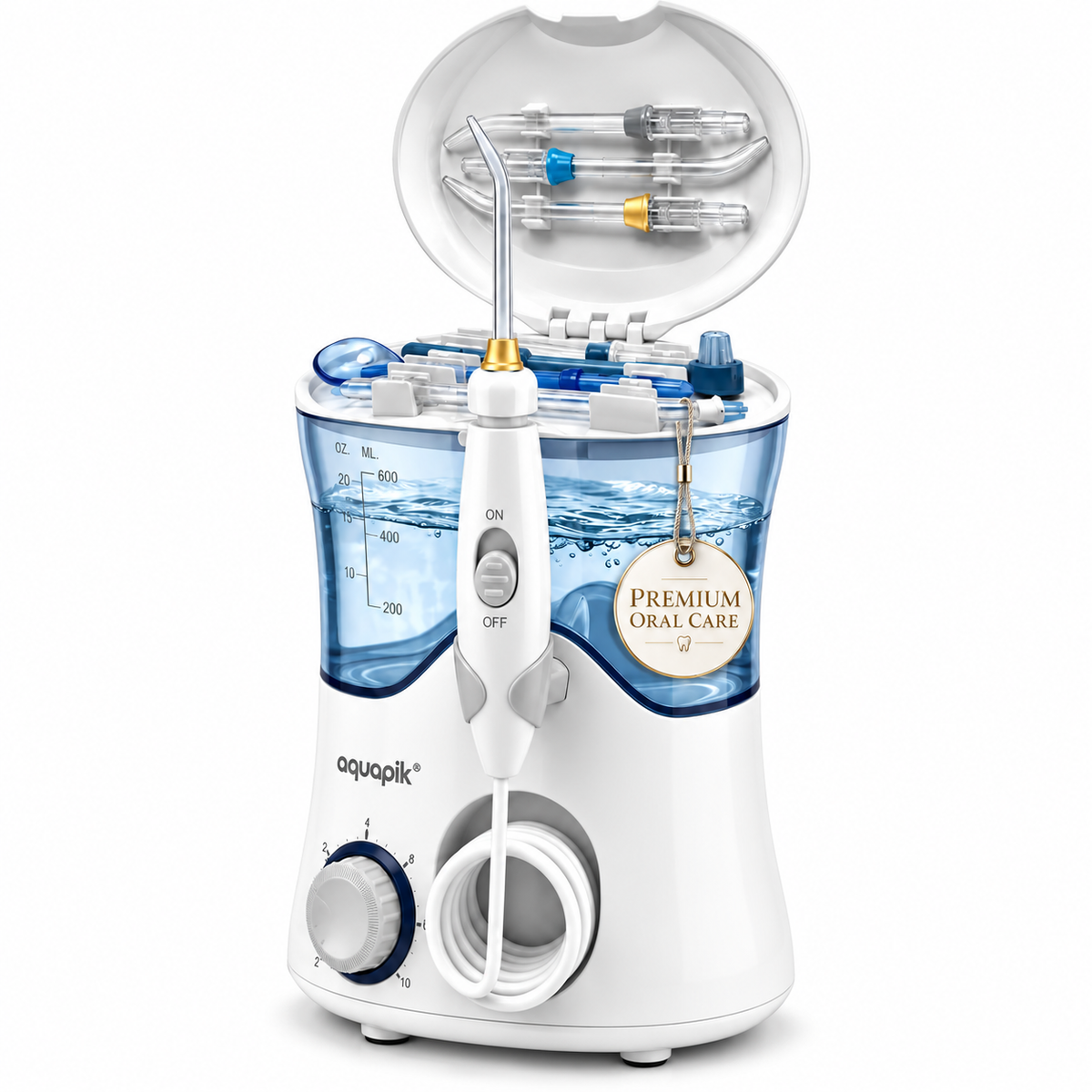 Irrigador dental de sobremesa Aquapik® PRO · 600 ml y 8 boquillas