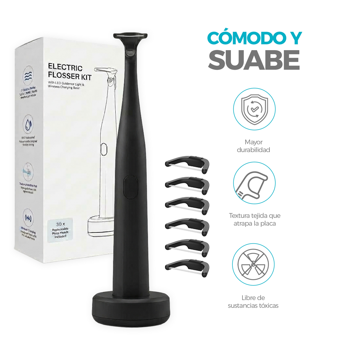 Boston Tech E-FLOSS Hilo Dental Eléctrico, 50 Cabezales, IPX7, USB-C, Negro