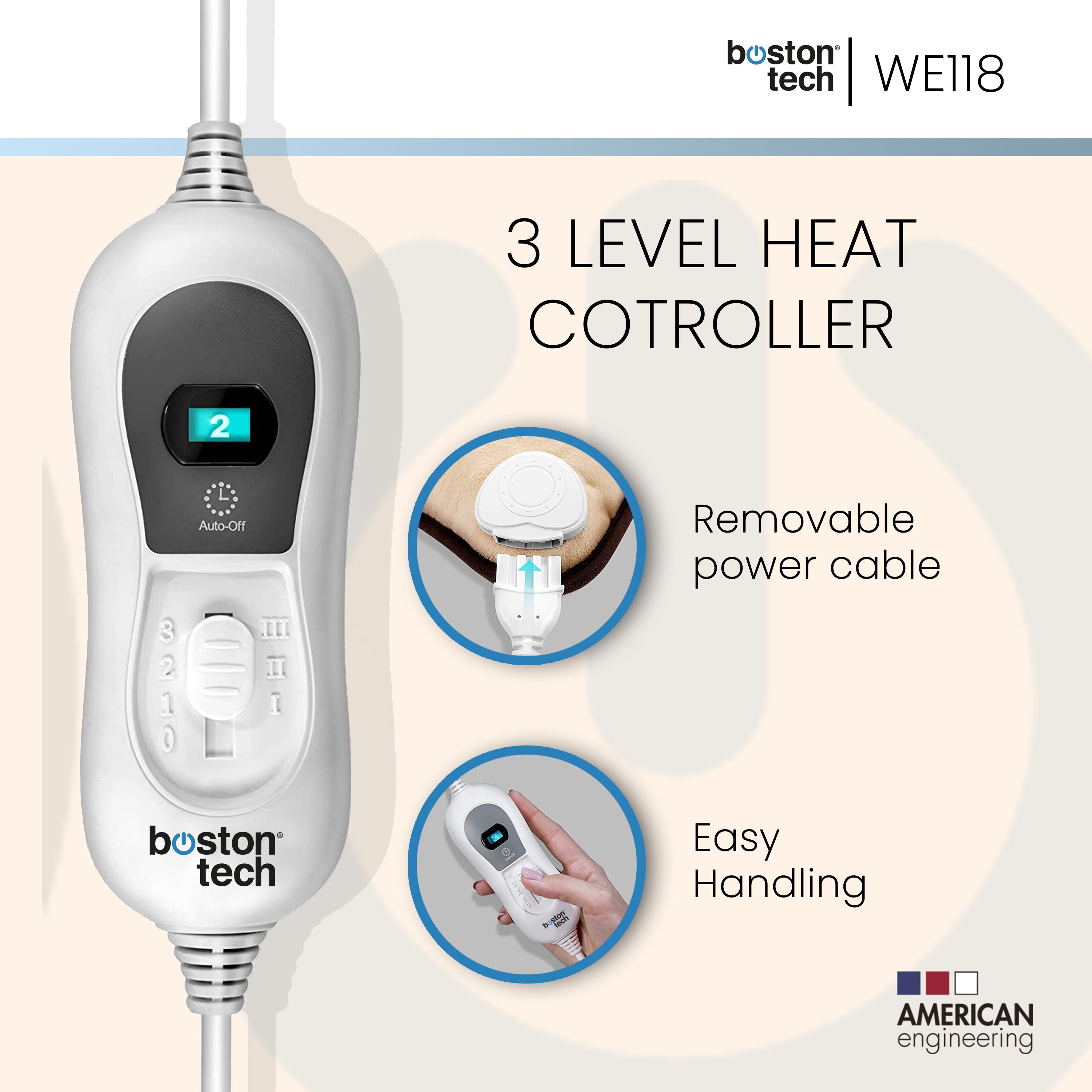 Cojín Electrónico Suave para espalda, hombros y cuello. Almohadilla Eléctrica con 3 Niveles, Calentamiento Ultrarrápido, Lavable, Apagado Automático.
