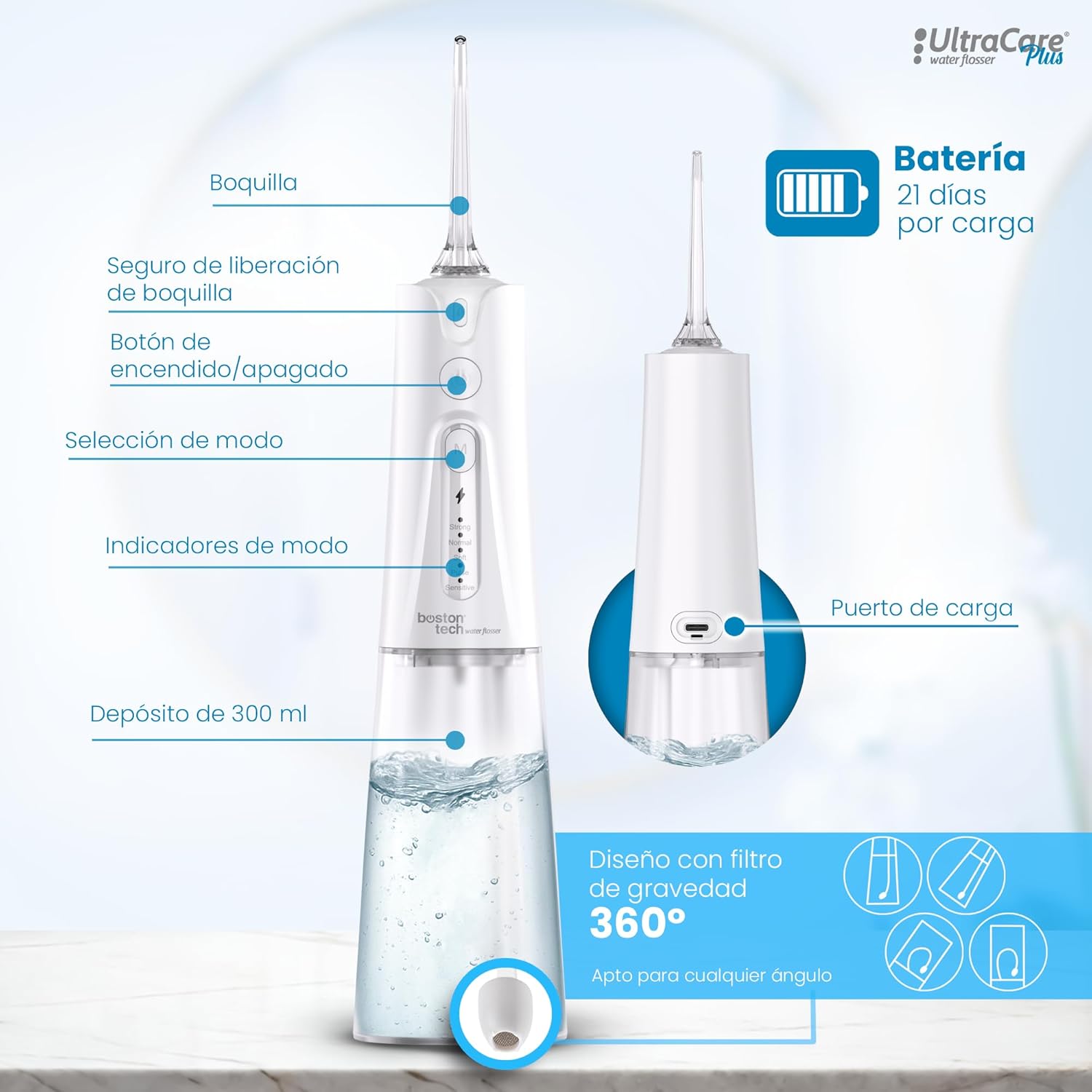 Aquapik Irrigador Dental Portátil, Irrigador Bucal Inalámbrico con 8 Boquillas y 4 Modos, Depósito 300 ml, USB-C Recargable, IPX7, Water Flosser para Brackets, Implantes y Viajes