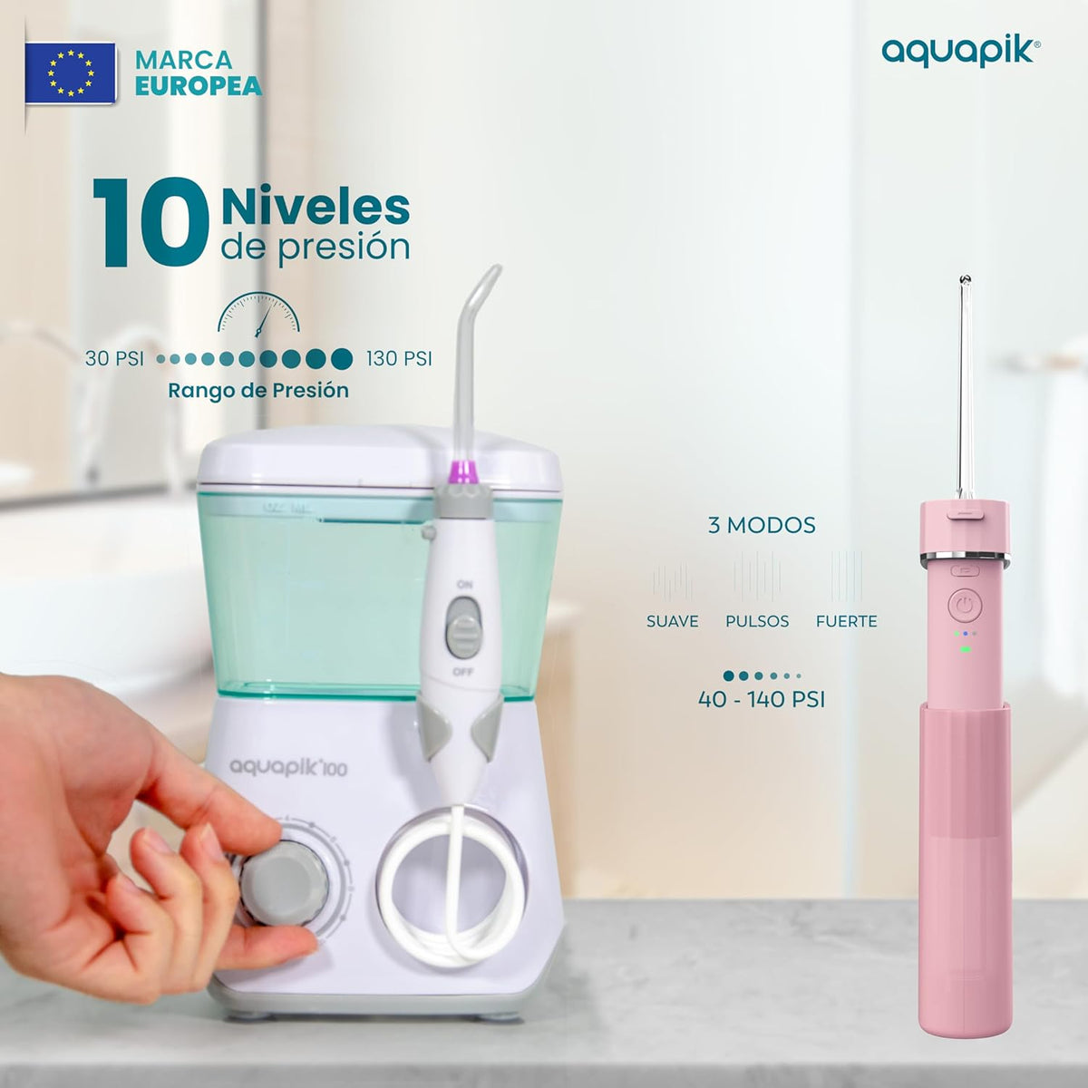 Pack Aquapik® DUO: irrigador de sobremesa 100 + portátil Mini · blanco-rosa
