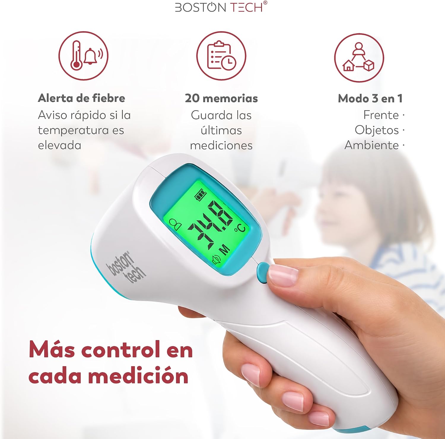 Termómetro Digital para bebés, niños y adultos | Precisión Profesional | Lectura Instantánea | Memoria 20 Mediciones | Alarma de Fiebre 3 Colores | Infrarrojos sin Contacto